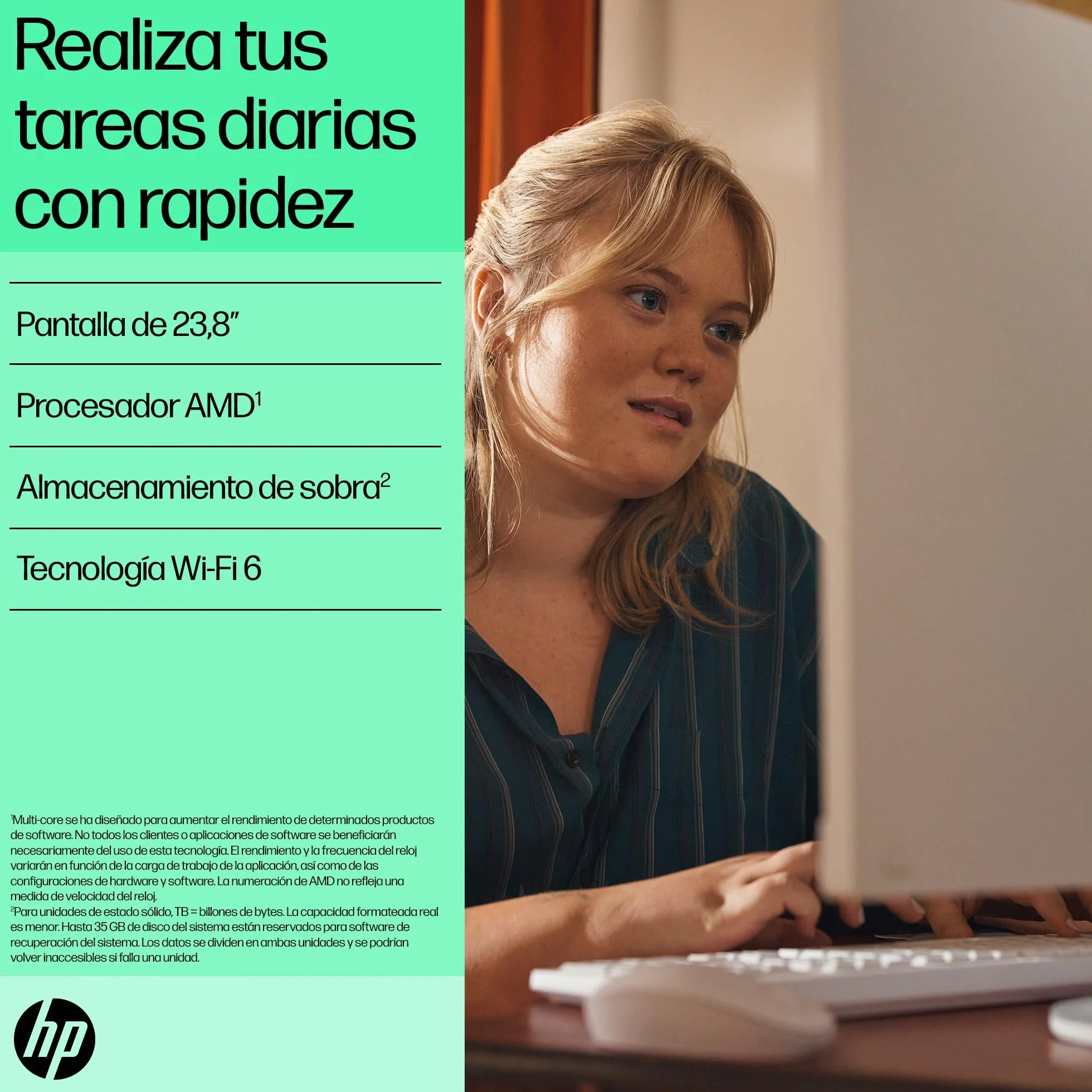 HP All-in-One 24-cr0007ss - Ordenador de sobremesa 23,8" Full HD con cámara, Teclado y ratón inalámbricos (AMD Ryzen 5 7520U, 16GB RAM, 512GB SSD, AMD Radeon Graphics, Windows 11 Home) Blanco