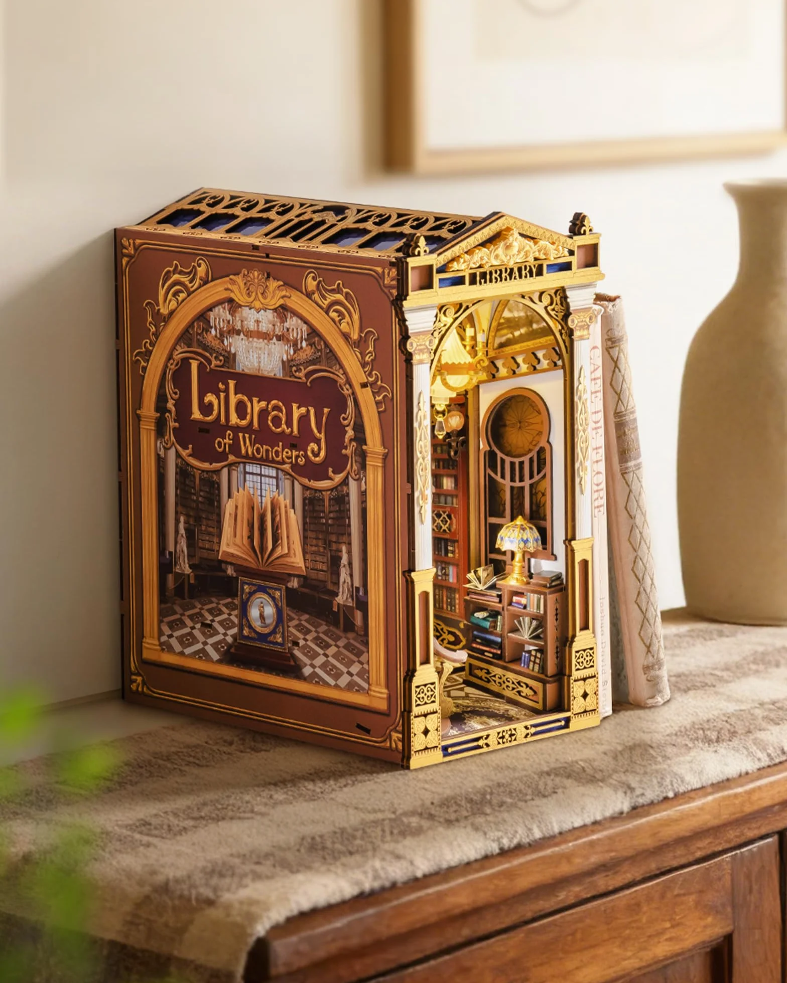 Rolife Book Nook Library of Wonders, Puzzle 3D de Madera, Kit de Casa Miniatura DIY, Sujetalibros Decorativo