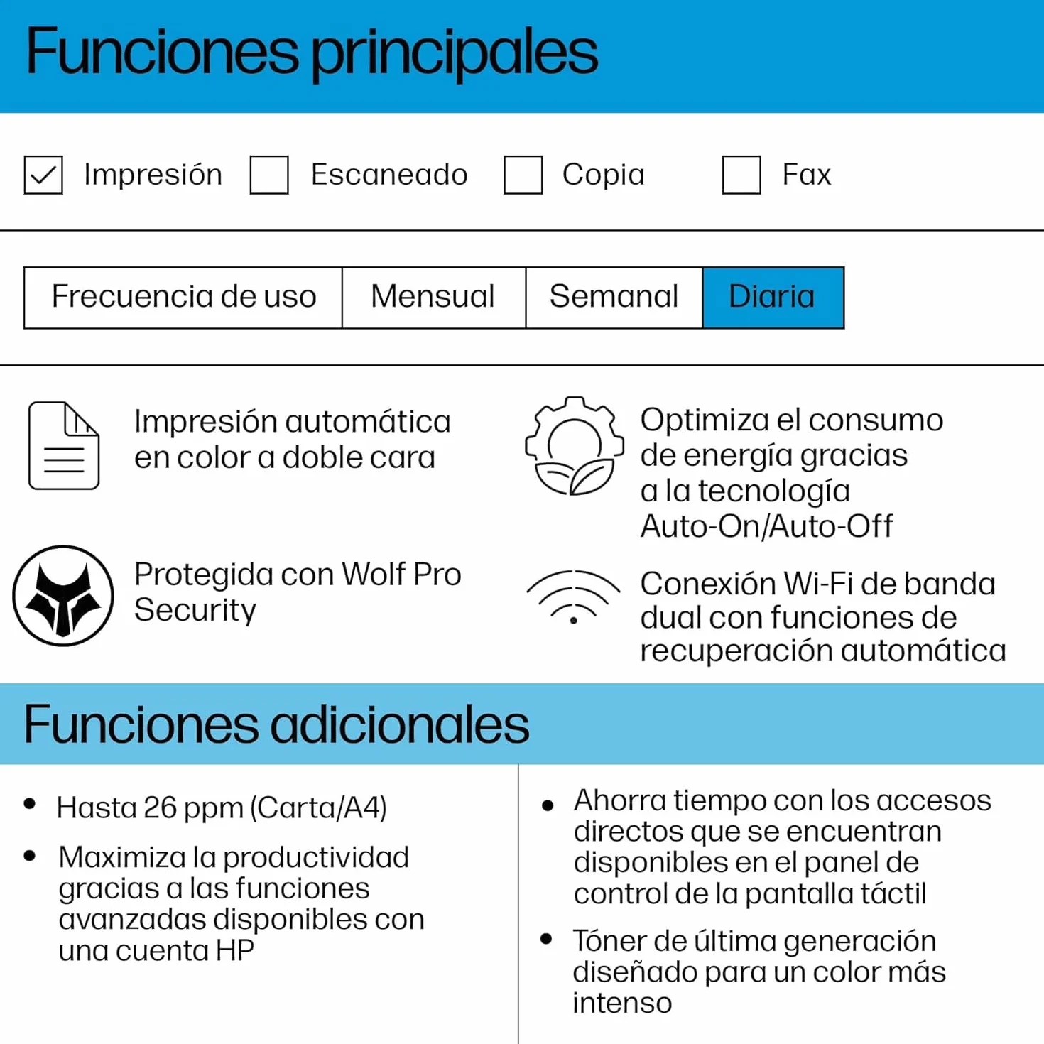 HP Color LaserJet Pro 3302sdw Impresora Láser A4 Multifunción Doble Cara Automática, Escáner, Copiadora 25ppm Wi-Fi Direct Blanca y Azul