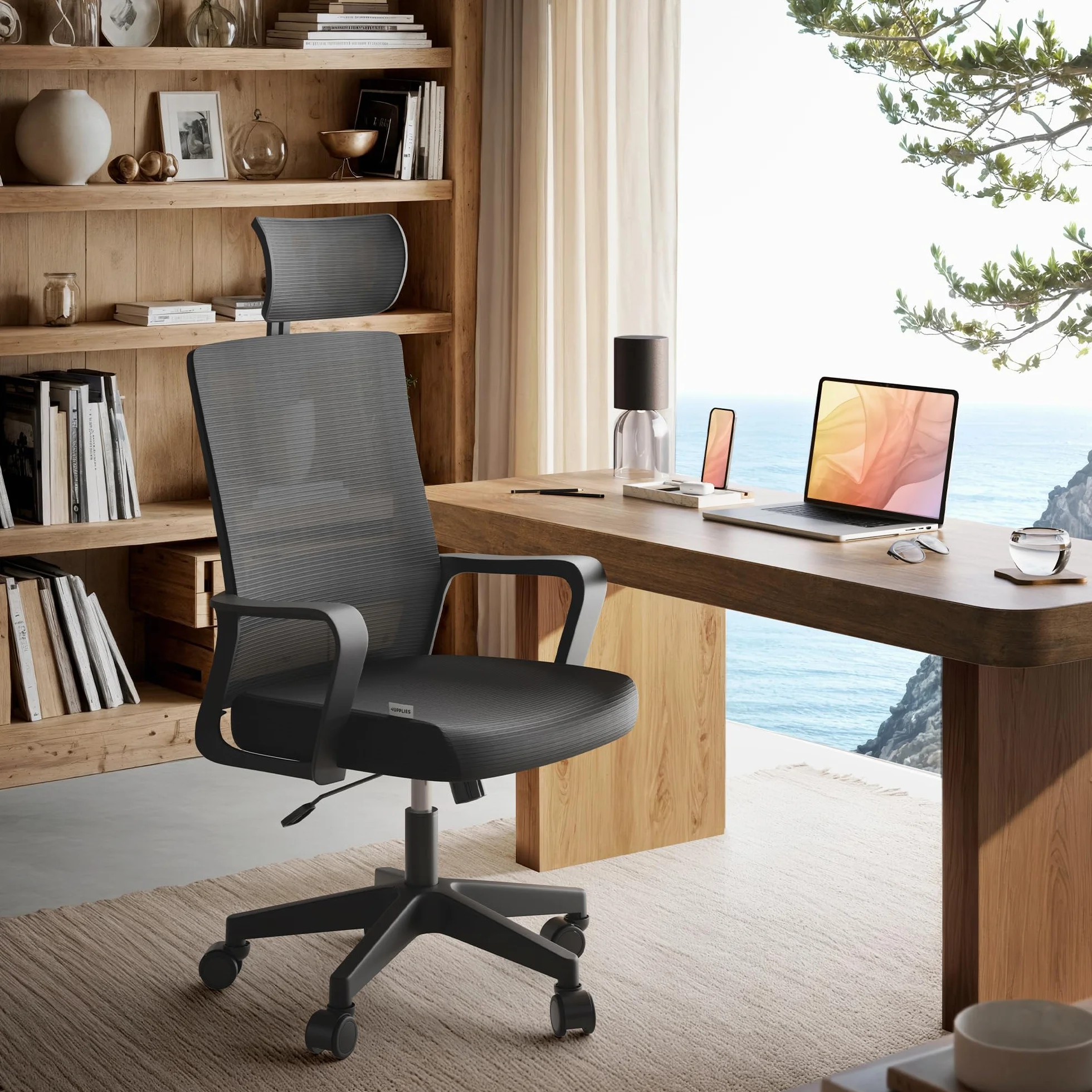 Silla Escritorio Ergonomica Ajustable Reclinable con Soporte Lumbar, Malla Transpirable, 120kg (Negro)