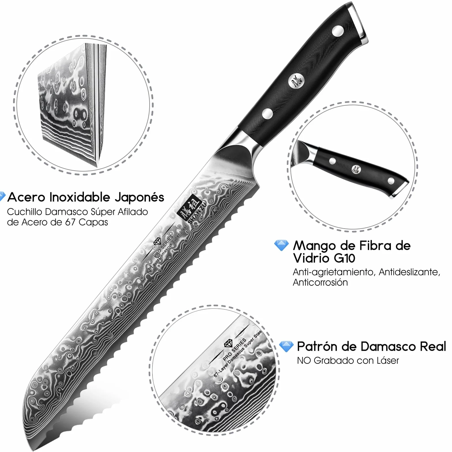 SHAN ZU Cuchillo Panero Damasco 10Cr15MOV 67 Capas Hoja Dentada Acero Mango G10 PRO Series