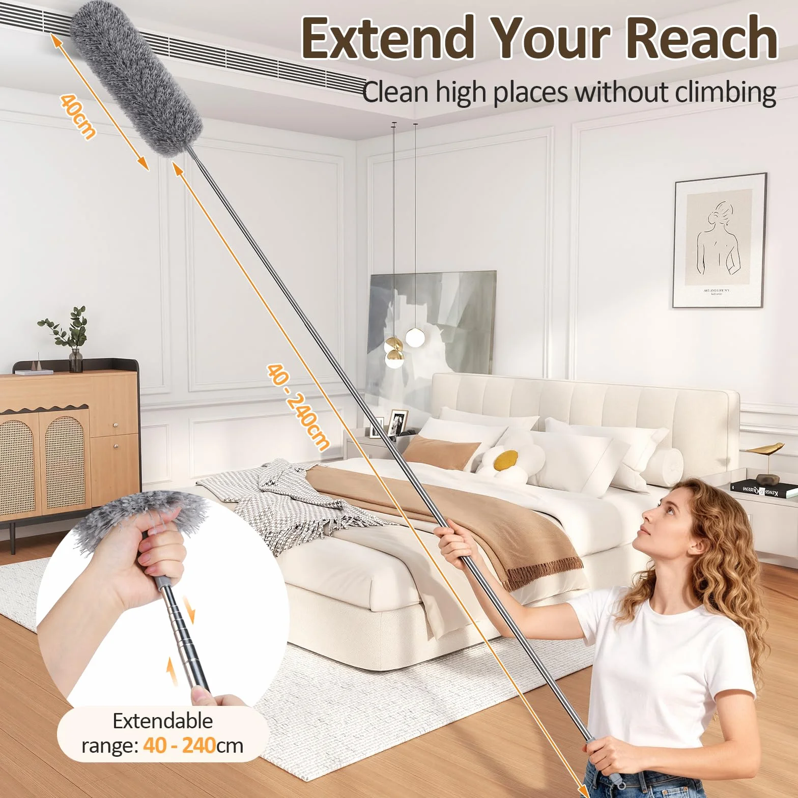 Plumero Telescópico Extensible 280cm, Atrapapolvo de Microfibra Lavable, Quita Polvo para Techos Altos