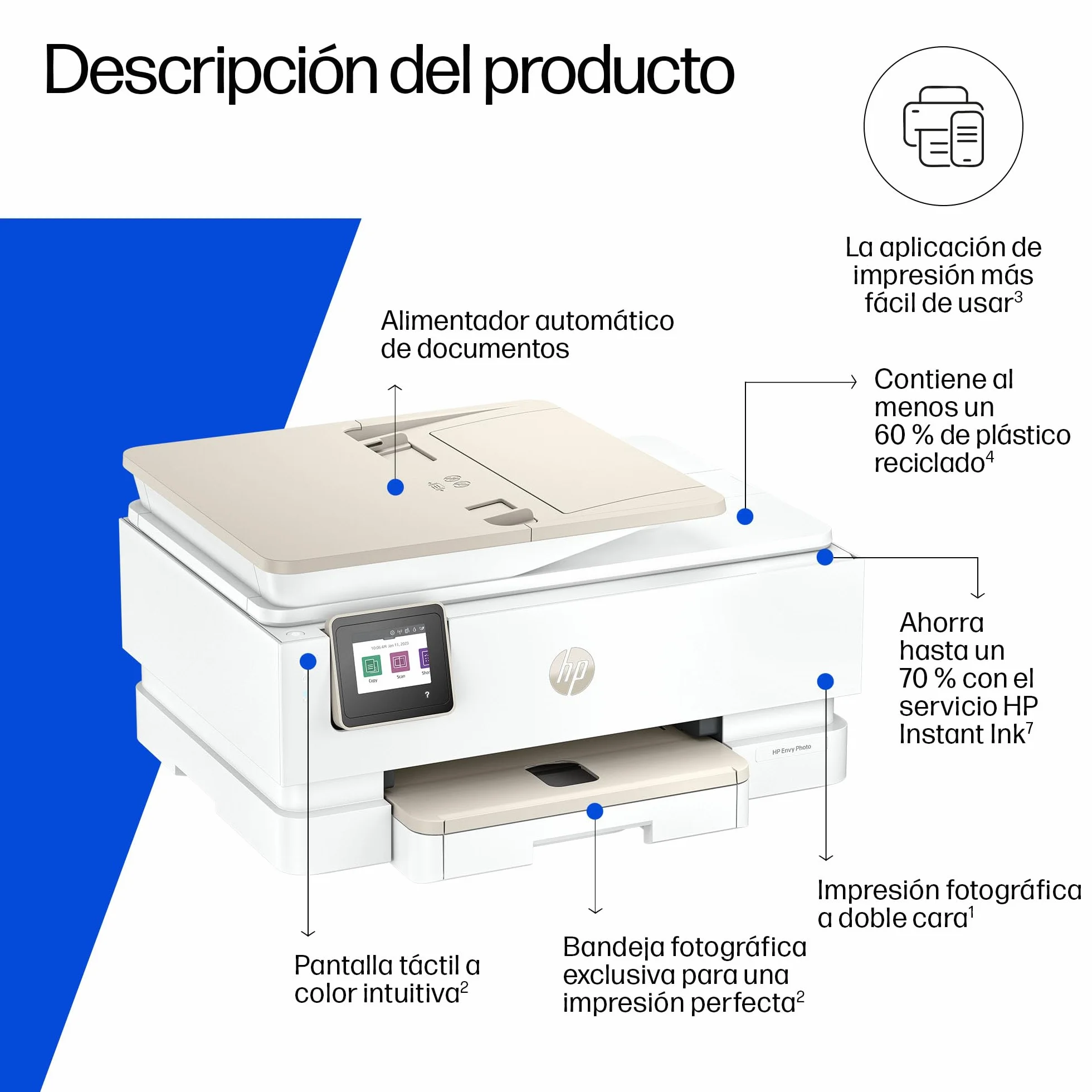 HP Envy Photo 7930, Impresora multifunción de inyección de Tinta A4 a Color, Wi-Fi Doble Banda, impresión automática a Doble Cara, ADF de 35 Hojas, Bandeja para Fotos, 6 Meses de Instant Ink