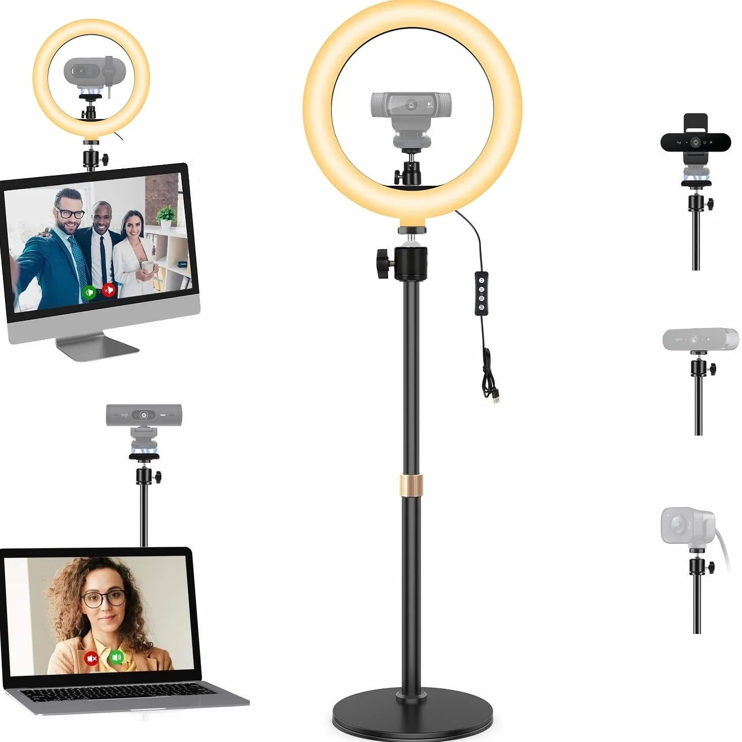 Soporte de luz para selfie para cámara web, anillo de luz de 26 cm con soporte de escritorio y soporte magnético compatible con Logitech C920 StreamCam C922 C930 C925 C615 BrioWebcams