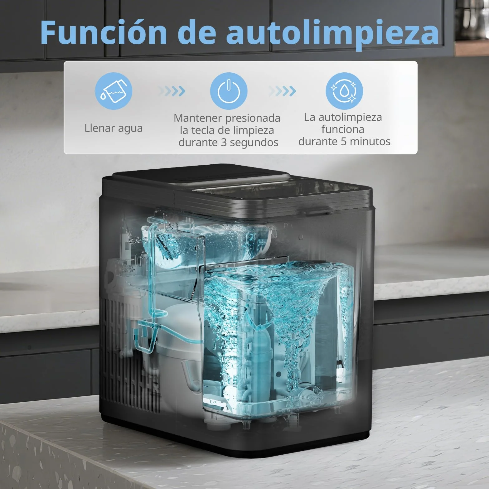Comfee' RCI12BL1EU(E) Máquina de Hielo, 8 Cubitos en 6 Minutos, 12kg/24h, Autolimpiante, 2 Tamaños, Portátil, Negro