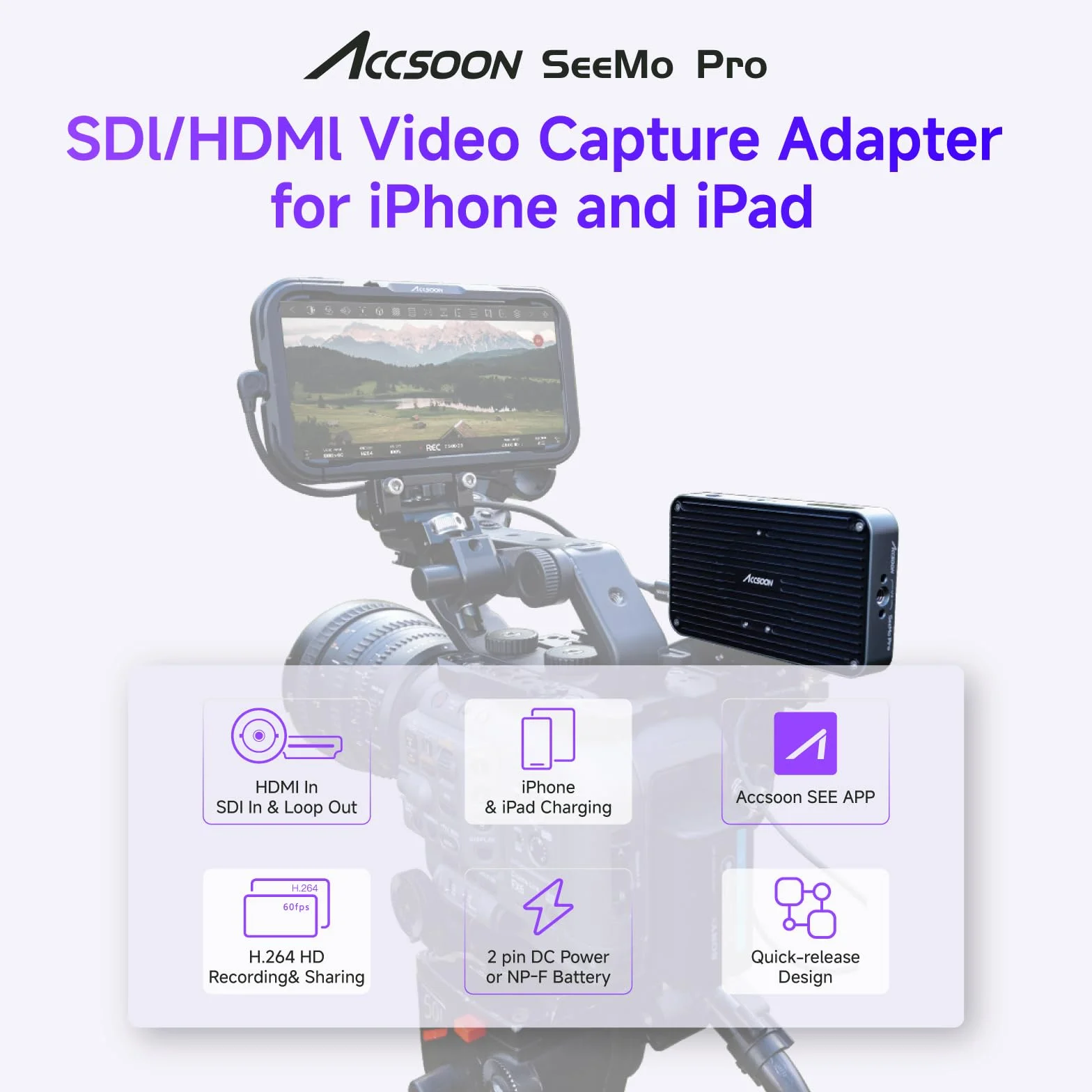 Accsoon SeeMo Pro - Adaptador de grabación de vídeo SDI y HDMI a USB-C para y iPad, Compatible con vídeo 1080P 60FPS y monitoreo en Tiempo Real, Streaming/grabación