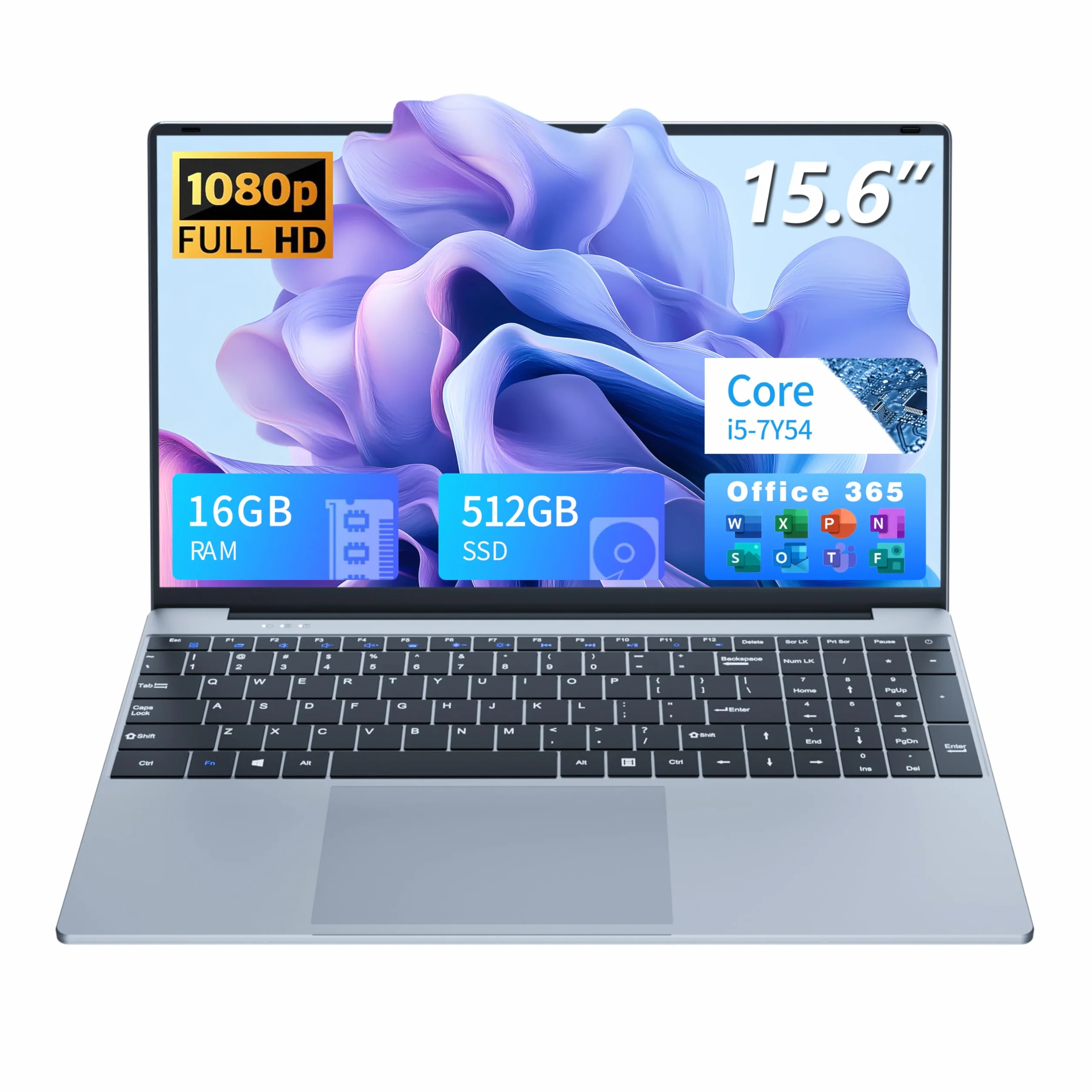 Ordenador Portátil 15.6" Full HD IPS Core i5-7Y54 hasta 3.2 GHz, 16 GB RAM SSD 512 GB, PC Portáti Win 11 + Office 365, Laptop Teclado Retroiluminado, Computadora Portátil HDMI USB3.0 WiFi 5 BT 4.2
