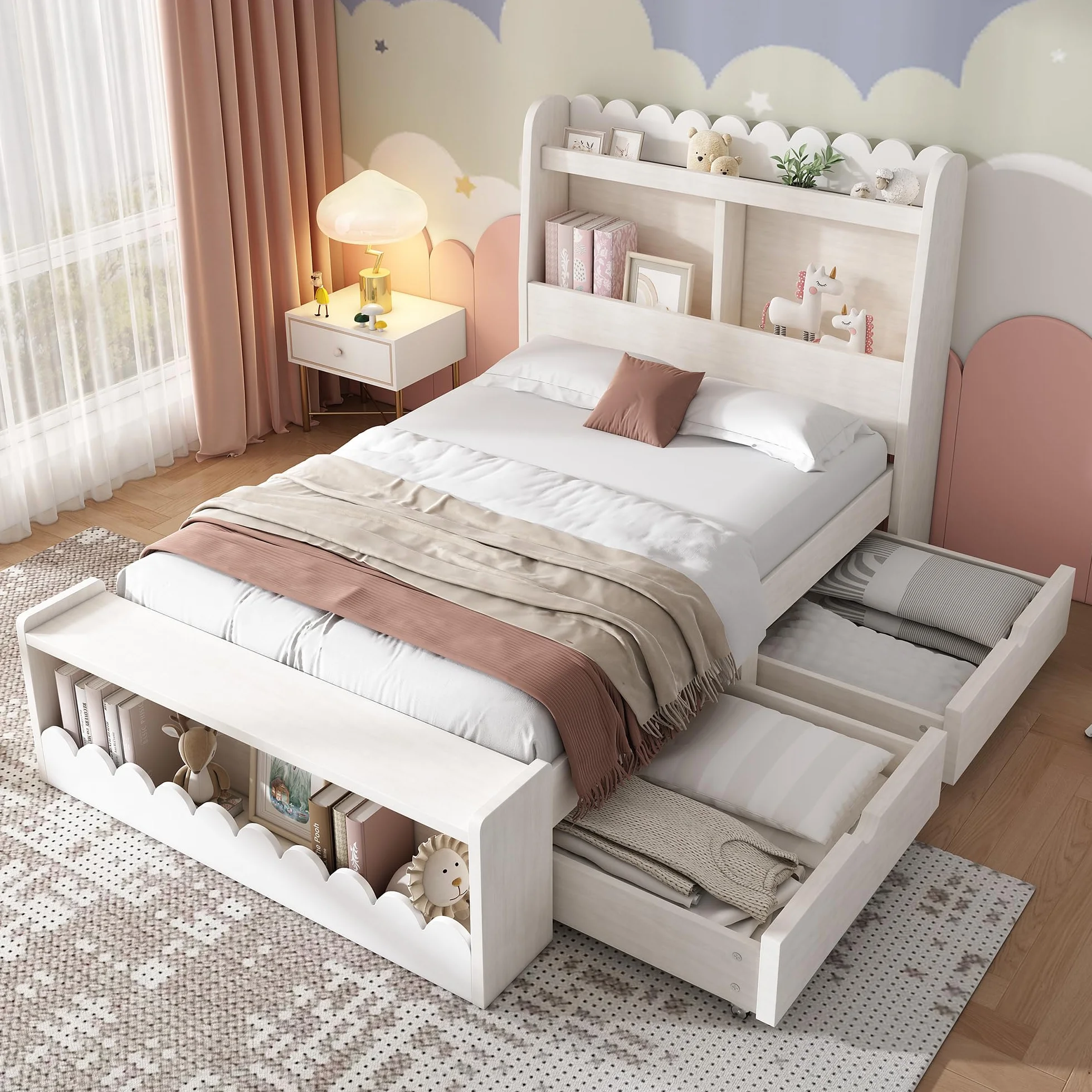 Cama individual de 90 x 190 cm, con cajones, estantería y banco con almacenamiento, cama de madera, marco de cama y somier de madera, color blanco con color roble (sin colchón)