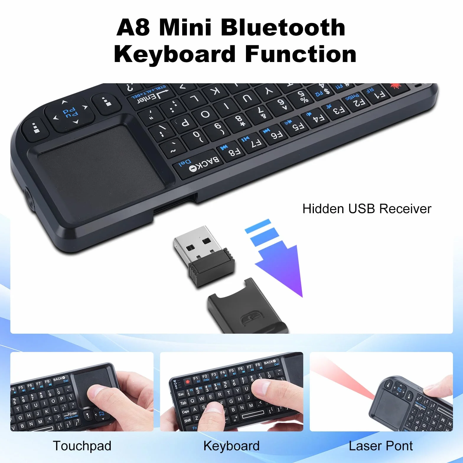 Binghe Mini Teclado Inalámbrico con Panel Táctil, Mini Teclado Bluetooth, A8 2.4G Teclado Inalámbrico con Retroiluminación Blanca para Windows/Linux/Mac/Android/Google/Smart TV OS