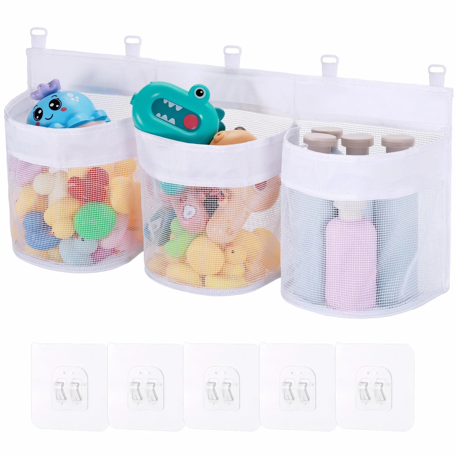 Bolsa Juguetes Bañera ExtraGrande Organizadores Baño con 5 Ganchos Autoadhesivos Red Almacenamiento Secado Rápido Blanco