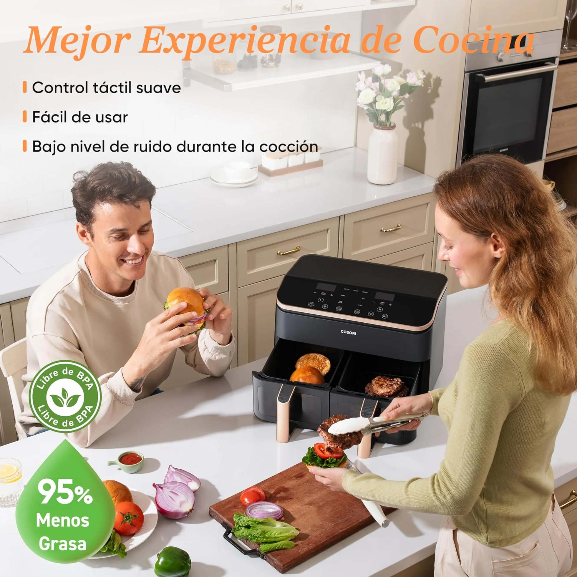 Cosori Freidora de Aire Grande 8,5 Litros Doble Cesta con Ventana Multifunción 10 en 1 Alta Potencia Bajo Ruido