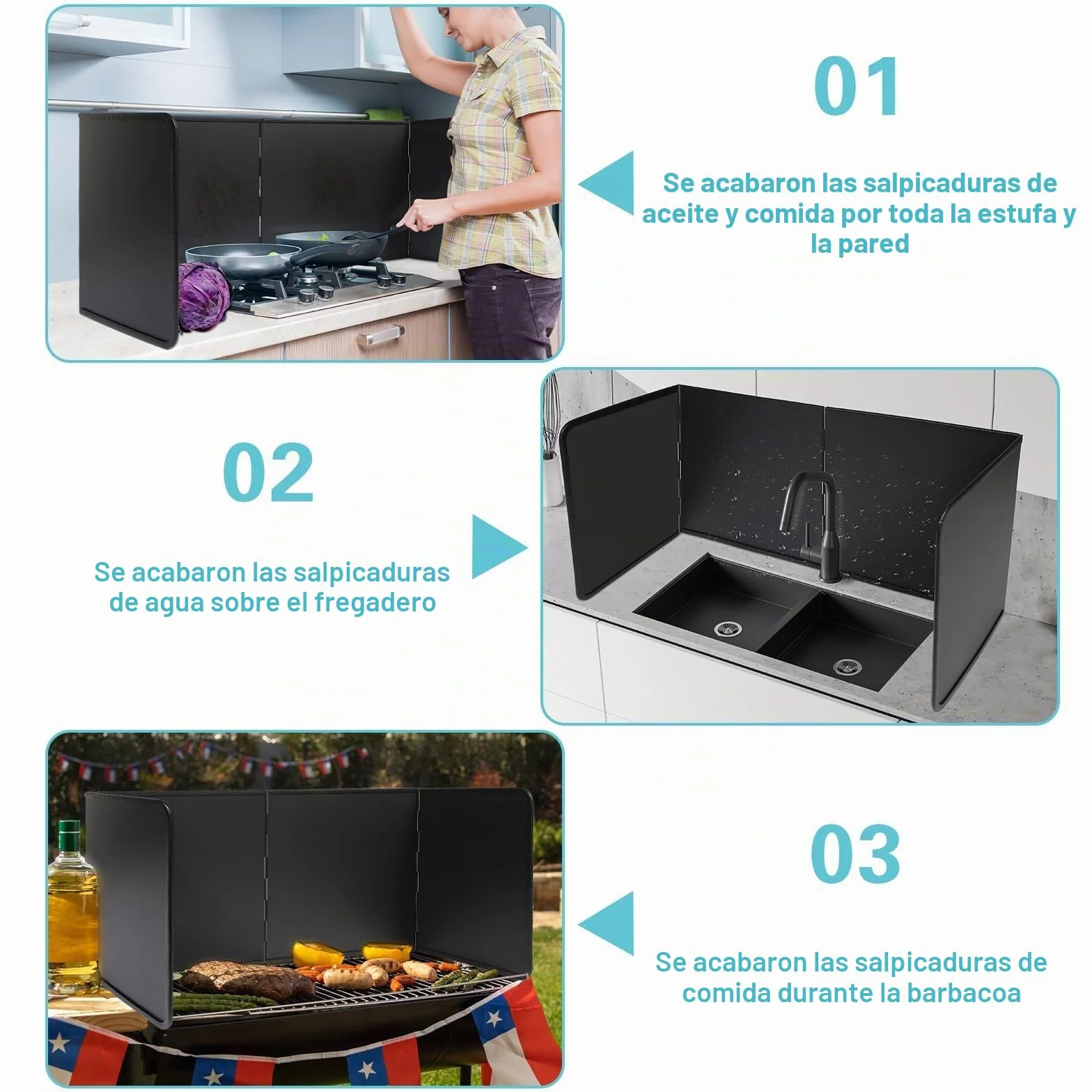 Plegable Protección contra Salpicaduras para Cocina, Negro (40 cm)