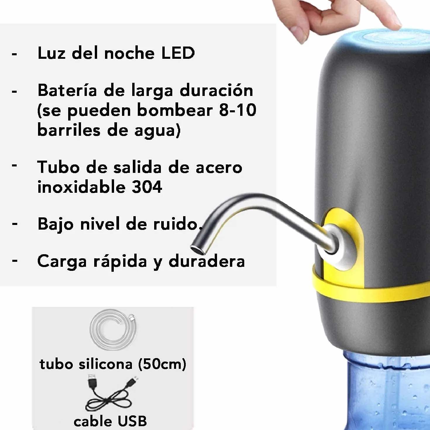 Dispensador de Agua Automático con Bomba Eléctrica USB Recargable, Adaptadores Universales para Garrafas y Botellas, Negro
