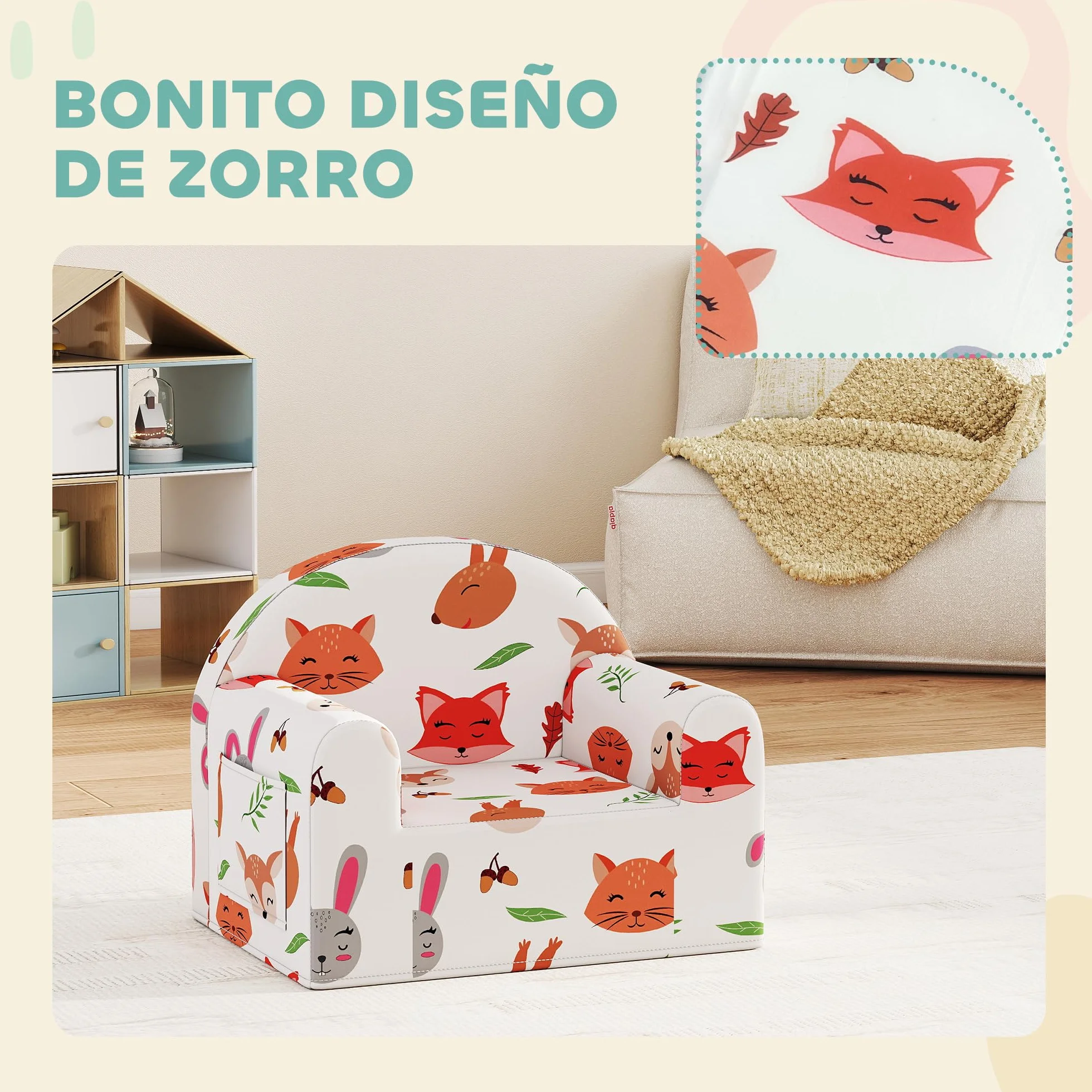 AIYAPLAY Sillón Infantil con Estampado de Zorros, Sofá para Niños 18-36 Meses, Funda Extraíble y Lavable, Carga 45 kg, Blanco
