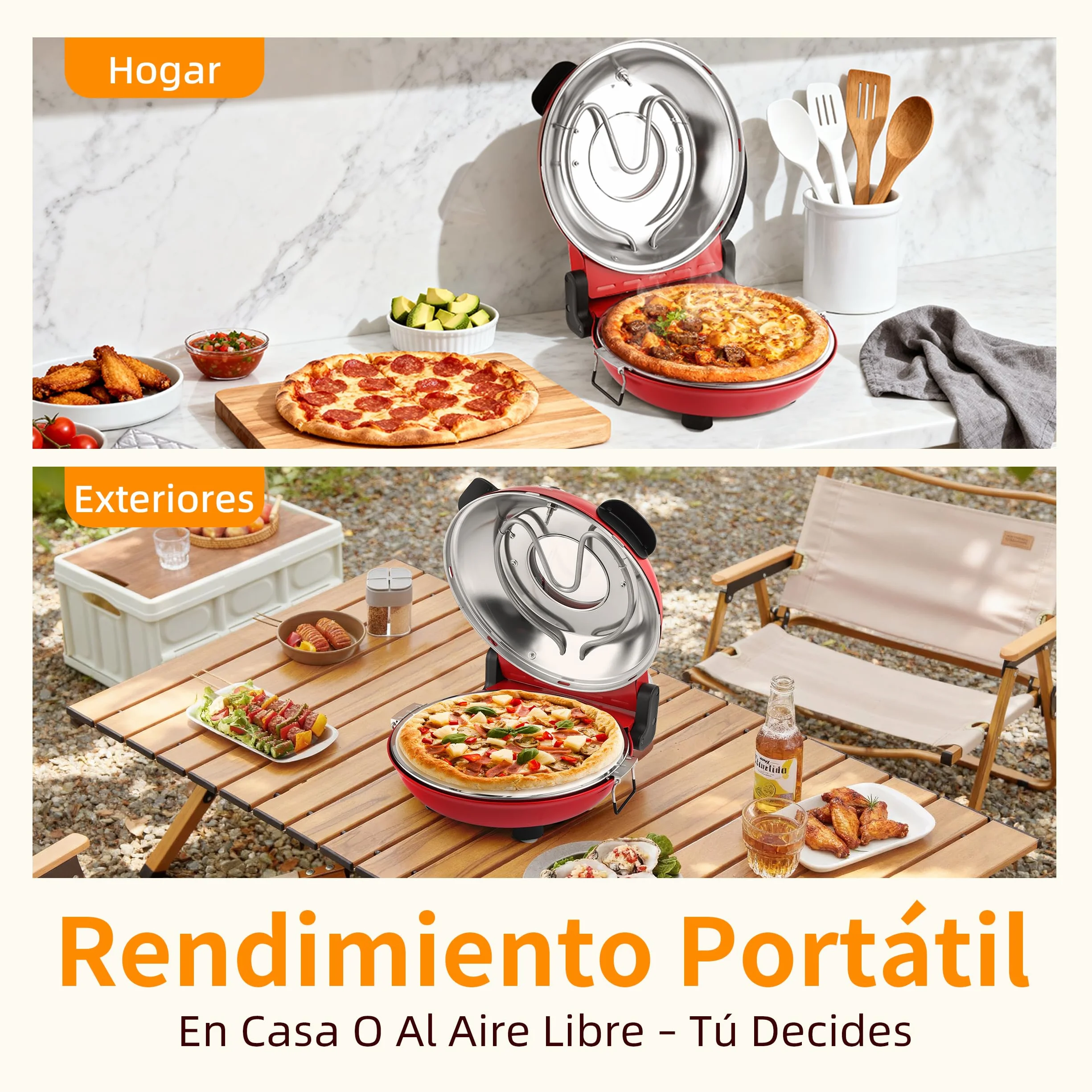 Horno Pizza Eléctrico 4 Minutos, Piedra Refractaria Desmontable, 420℃, Ventana Visualización, Rojo