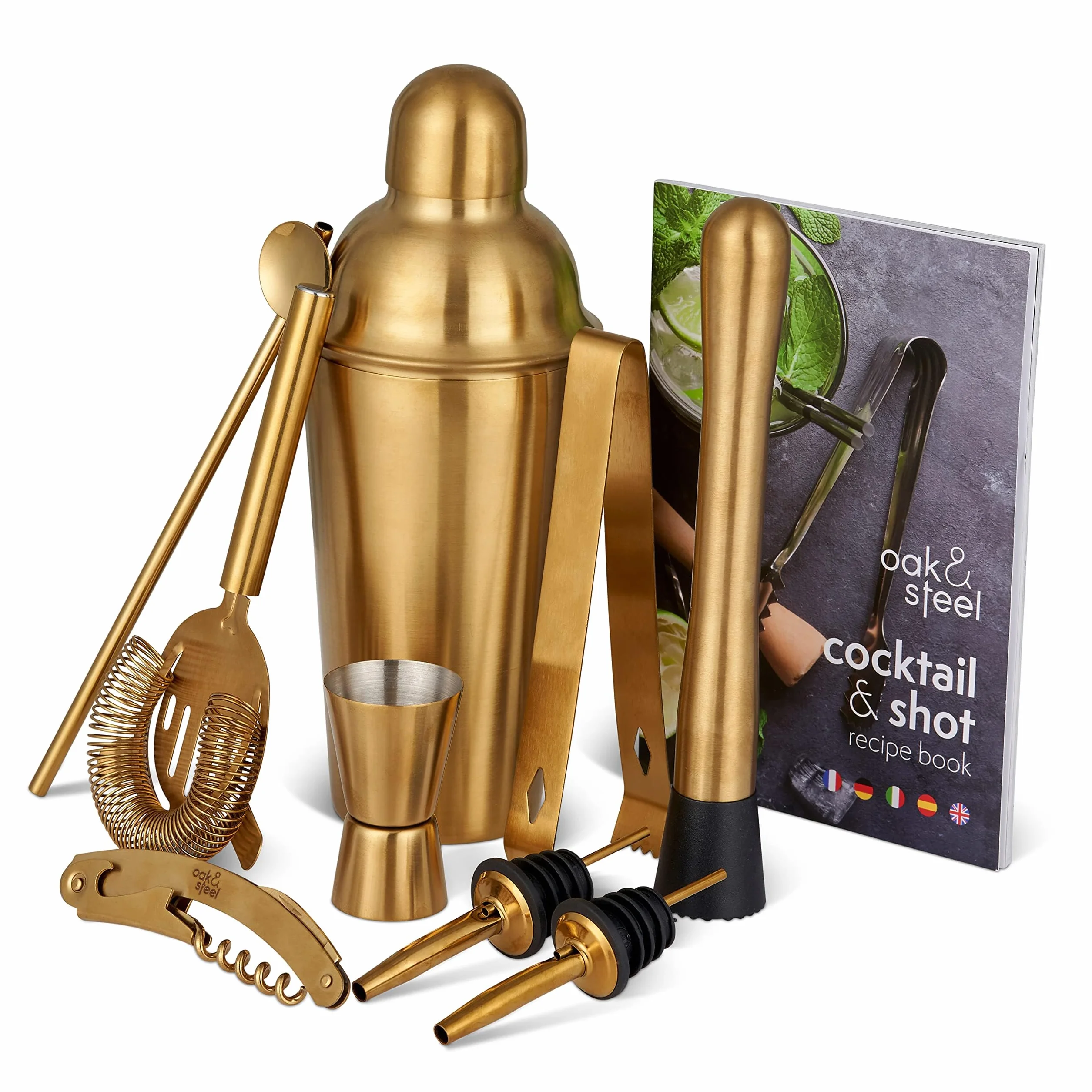 10 Piezas Kit de Coctelería Dorado - Juego Completo de Regalo Bar con Coctelera de Acero Inoxidable, Vertedor y Mezclador- Set de Regalo para Entusiastas y Cantineros Profesionales