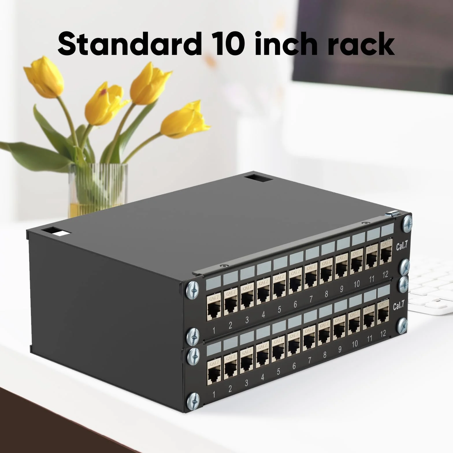 Panel de conexiones Cat 7, 1U 12 Puertos, panel de conexión Keystone de 10 pulgadas, panel de distribución LSA, acoplador Keystone blindado RJ45, compatible con cables de red Cat 7/6A/6/5e y Cat5