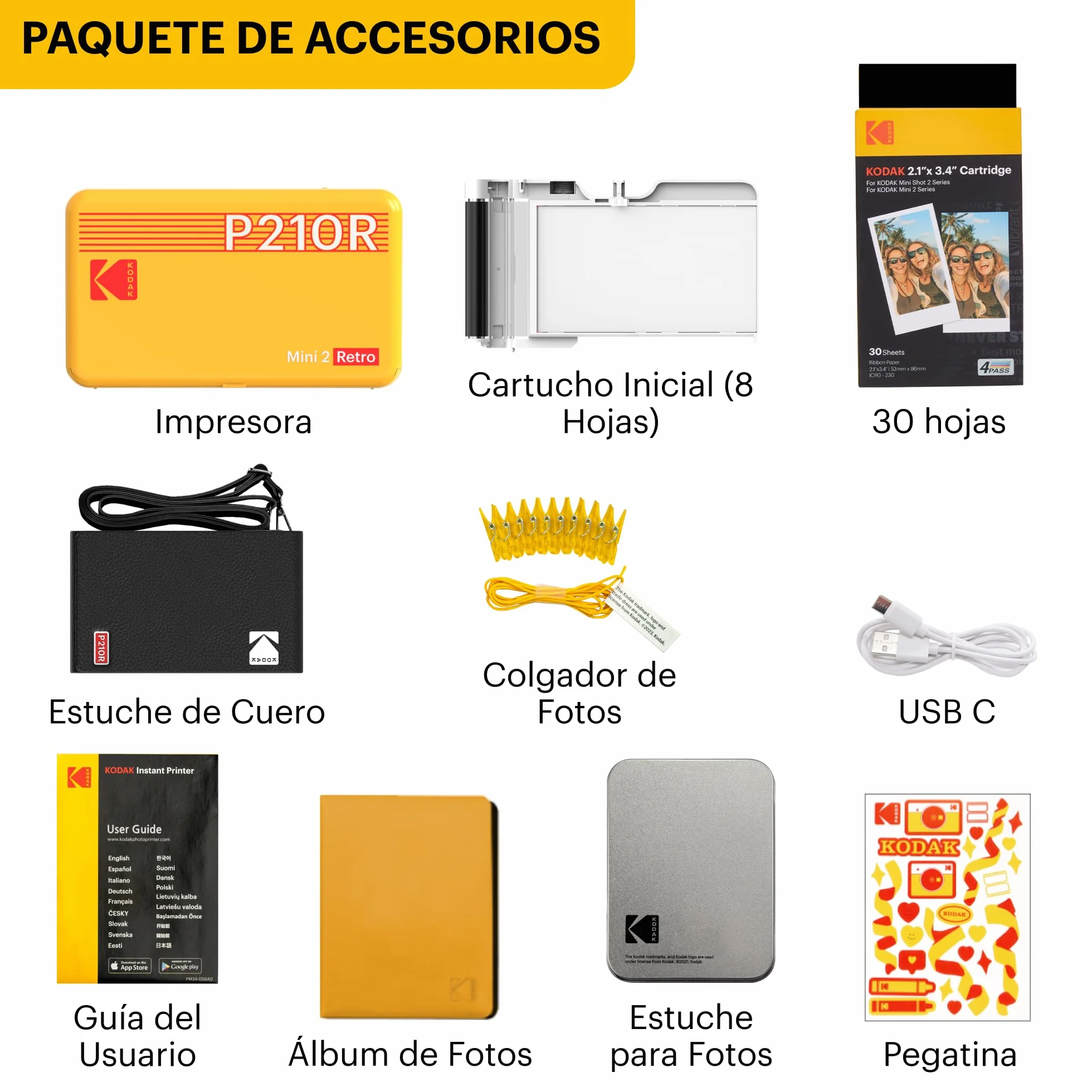 KODAK Mini 2 Retro 4Pass Impresora de Fotos Portátil (5,3x8,6cm) + Pack de Regalo con 68 Hojas (8 Hojas Iniciales + 60 Hojas) - Amarillo