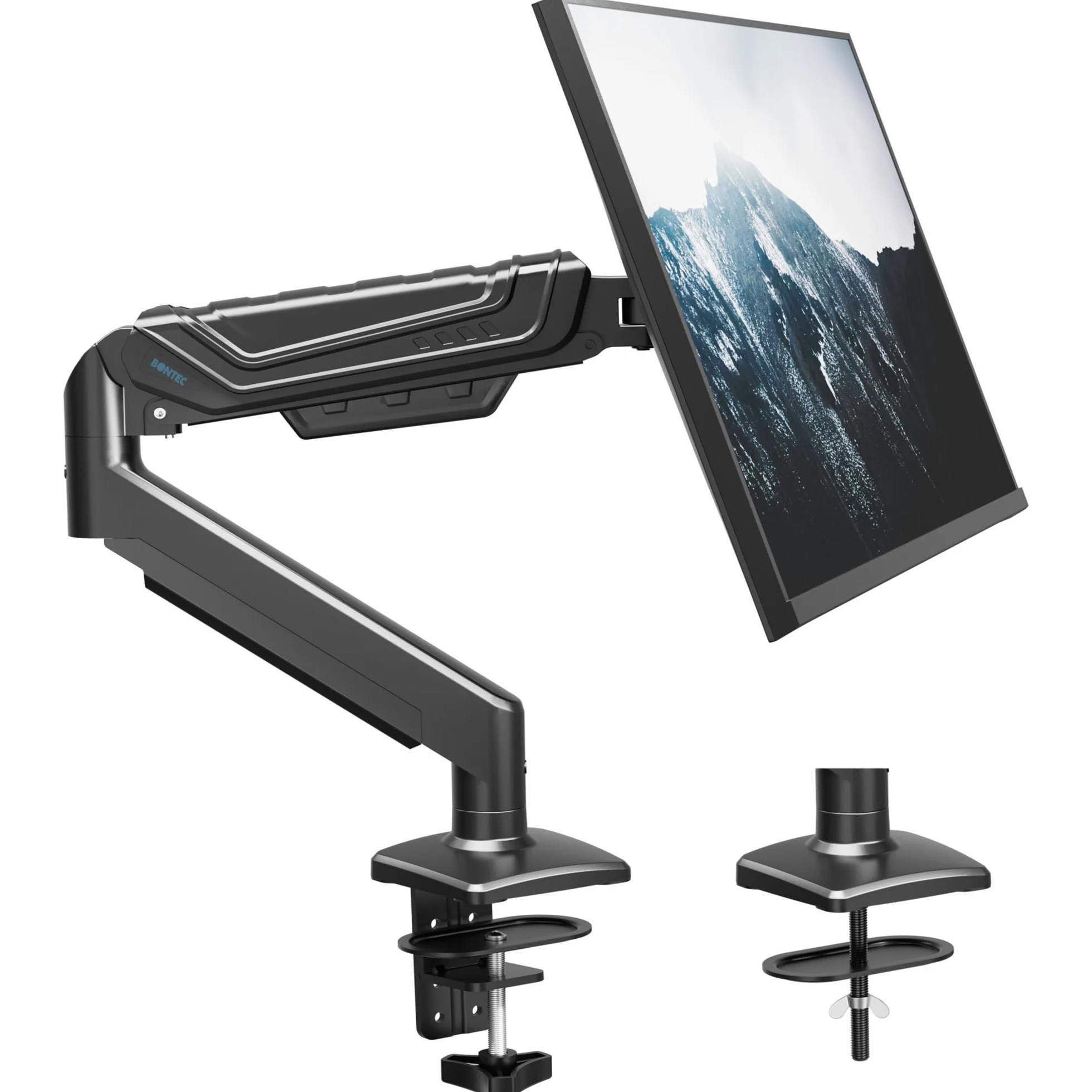 BONTEC Soporte para Monitor 15-34 Pulgadas, Brazo Individual A Gas hasta 12 Kg, VESA 75x75 100x100, Rotación 360°, Altura E Inclinación Ajustable, Soporte De Escritorio Y Mesa con Gestión De Cables