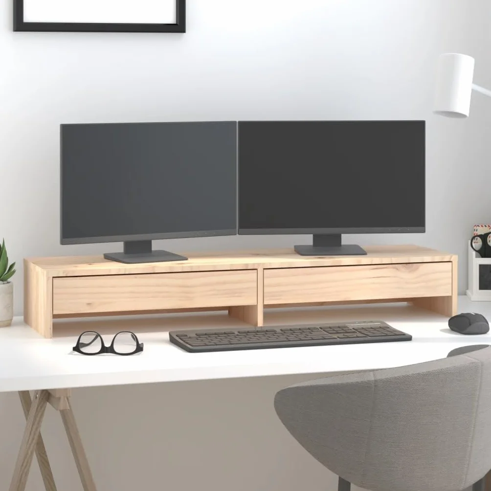 Soporte para monitor (100 x 27 x 15 cm, madera de pino sólida, elevador de monitor, soporte con cajón para pantalla de ordenador para escritorio y dormitorio