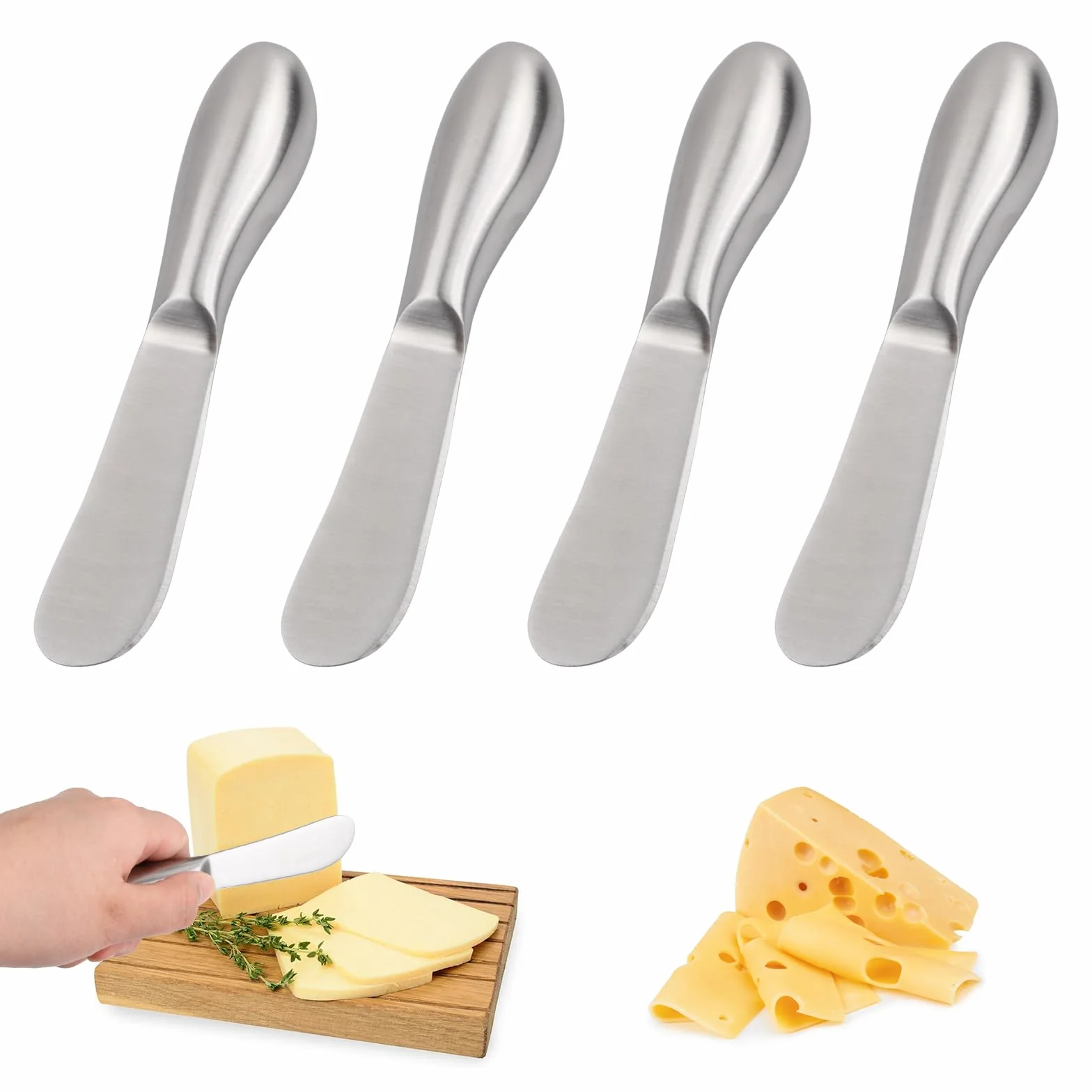 4 Piezas Cuchillo de Mantequilla, Esparcidor de Mantequilla, Cuchillo de Queso, Cuchillos de Untar Acero Inoxidable para Mantequilla, Mermelada, Nata, Tarta, Queso, Frutas, Verduras