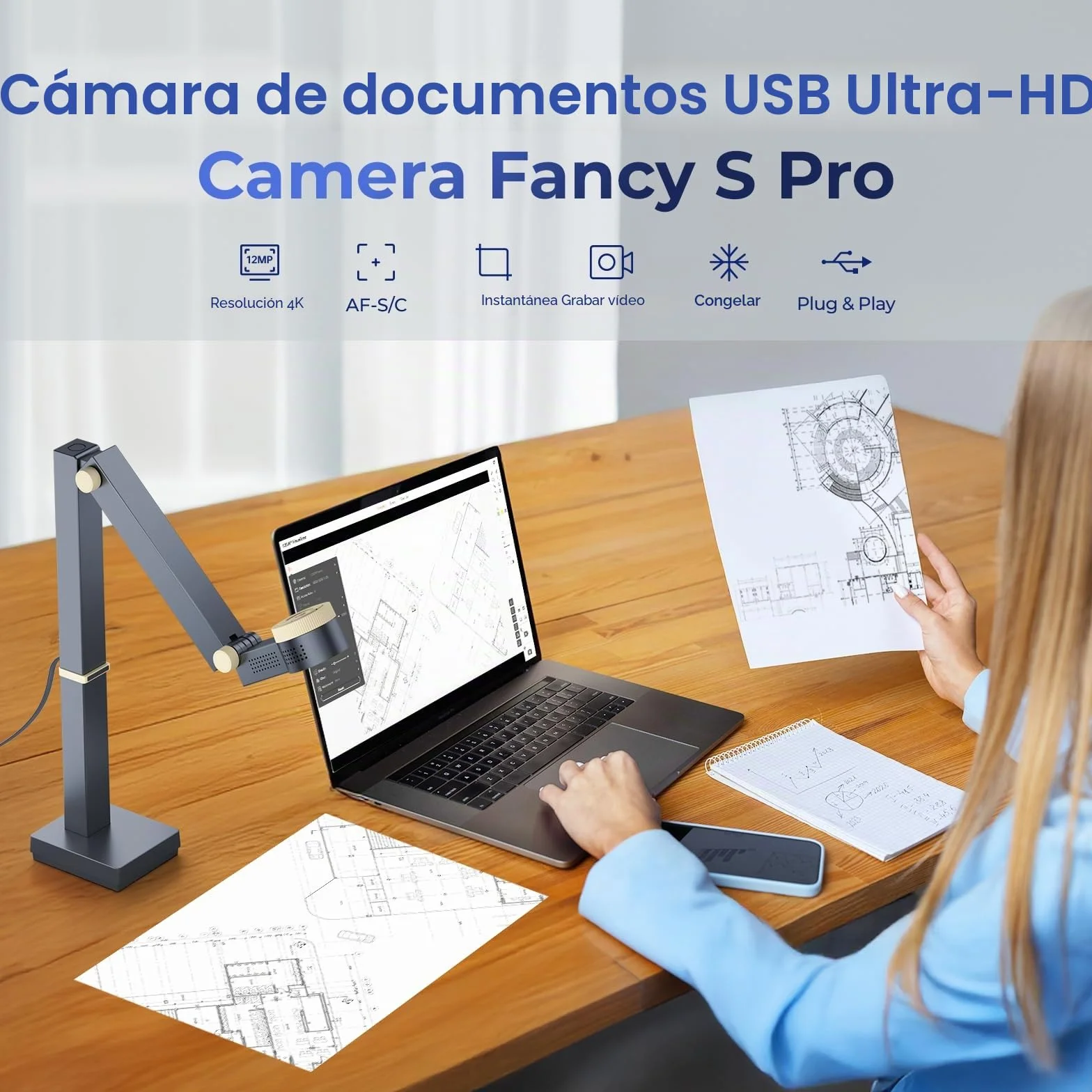 CZUR Fancy S Pro Cámara de Documentos 4K USB 12MP con Luz LED, Micrófono y Enfoque Automático 60 fps