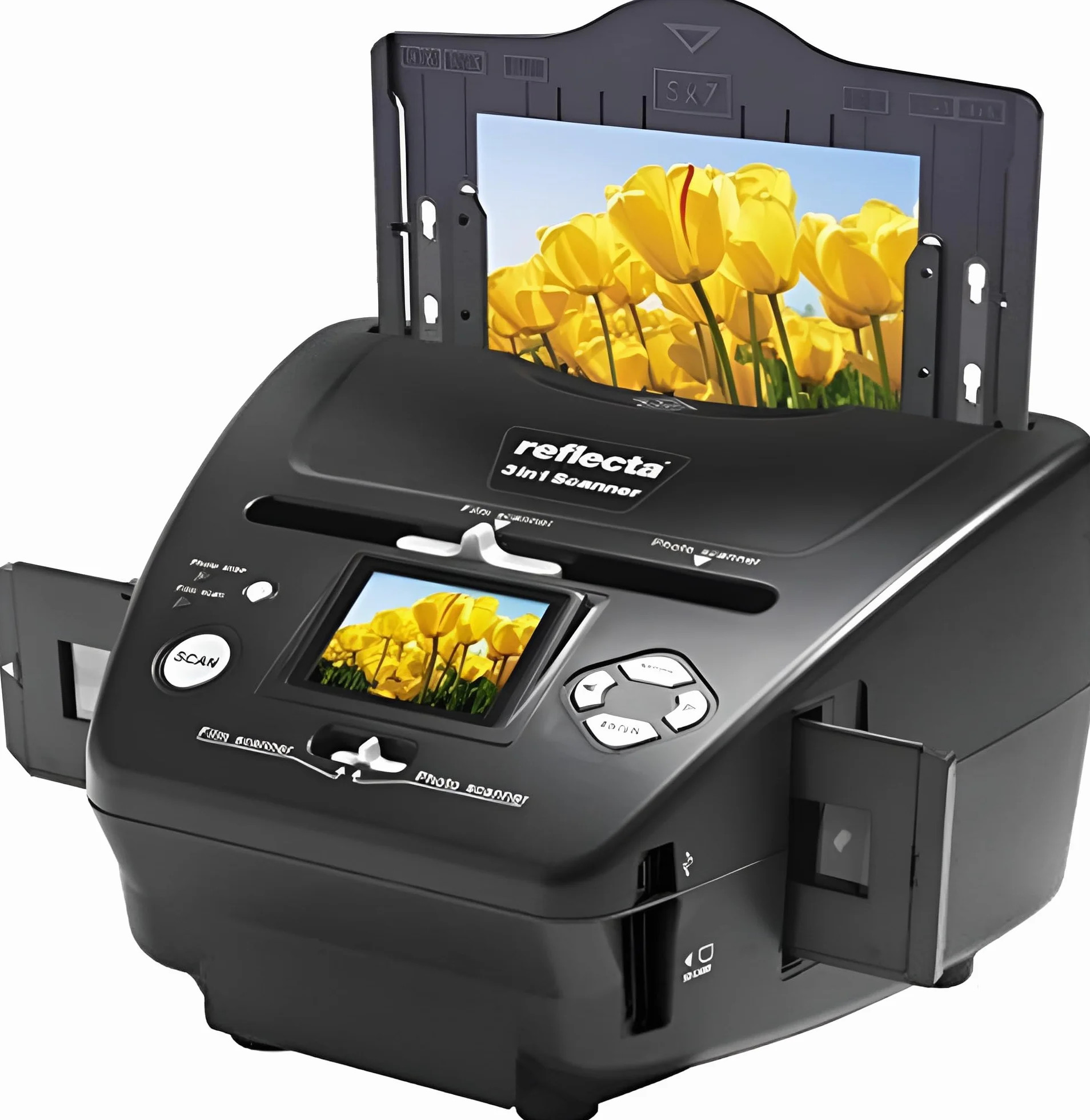 Reflecta 3-in-1 Escáner para 35mm Film, Escaner Negativos y Escaner Fotos, Sensor de Imagen CMOS 8MP, Resolución 2300 dpi, Pantalla LCD 2.4 Pulgadas, Corrección de Exposición Automática/Manual