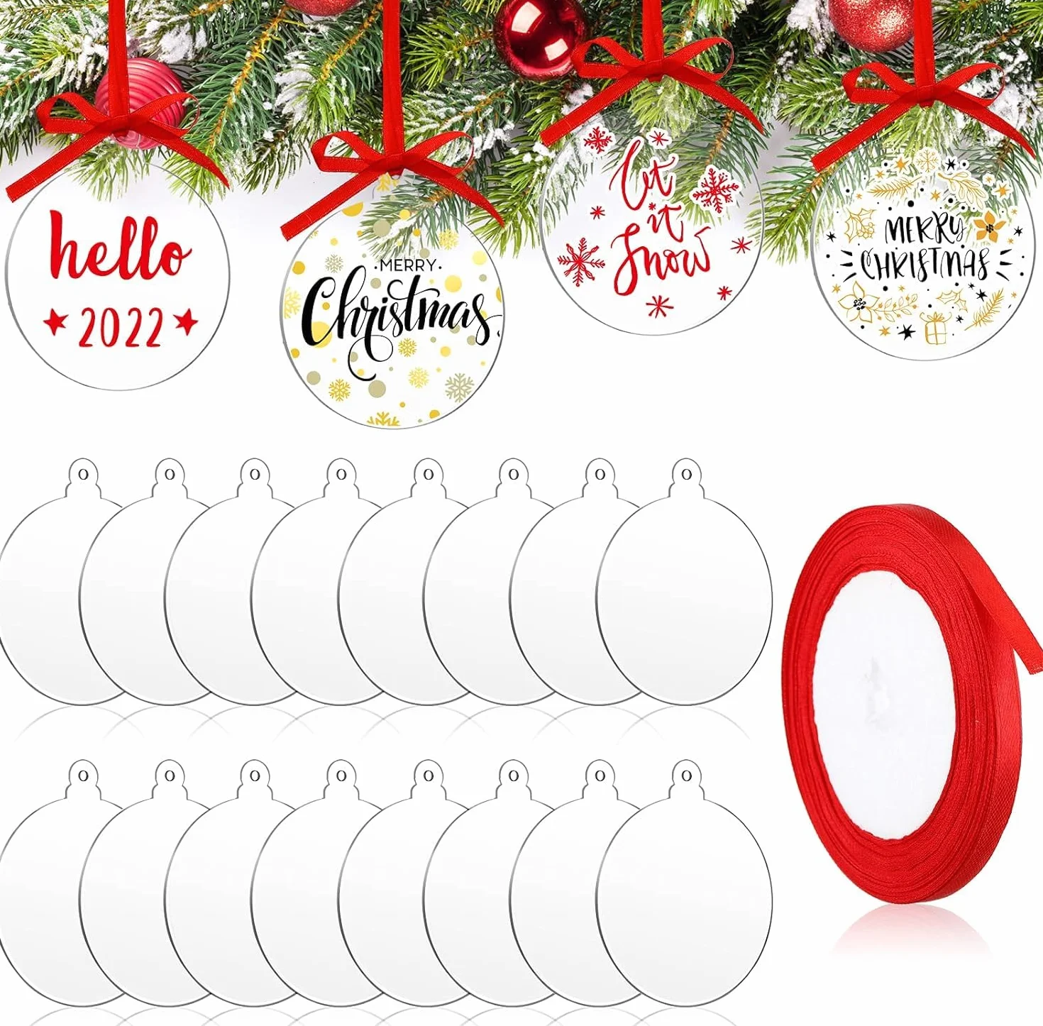 Adorno de Navidad 60 Piezas Disco de Acrílico Transparente 7,6CM Redondo con Cinta Roja para Árbol de Navidad
