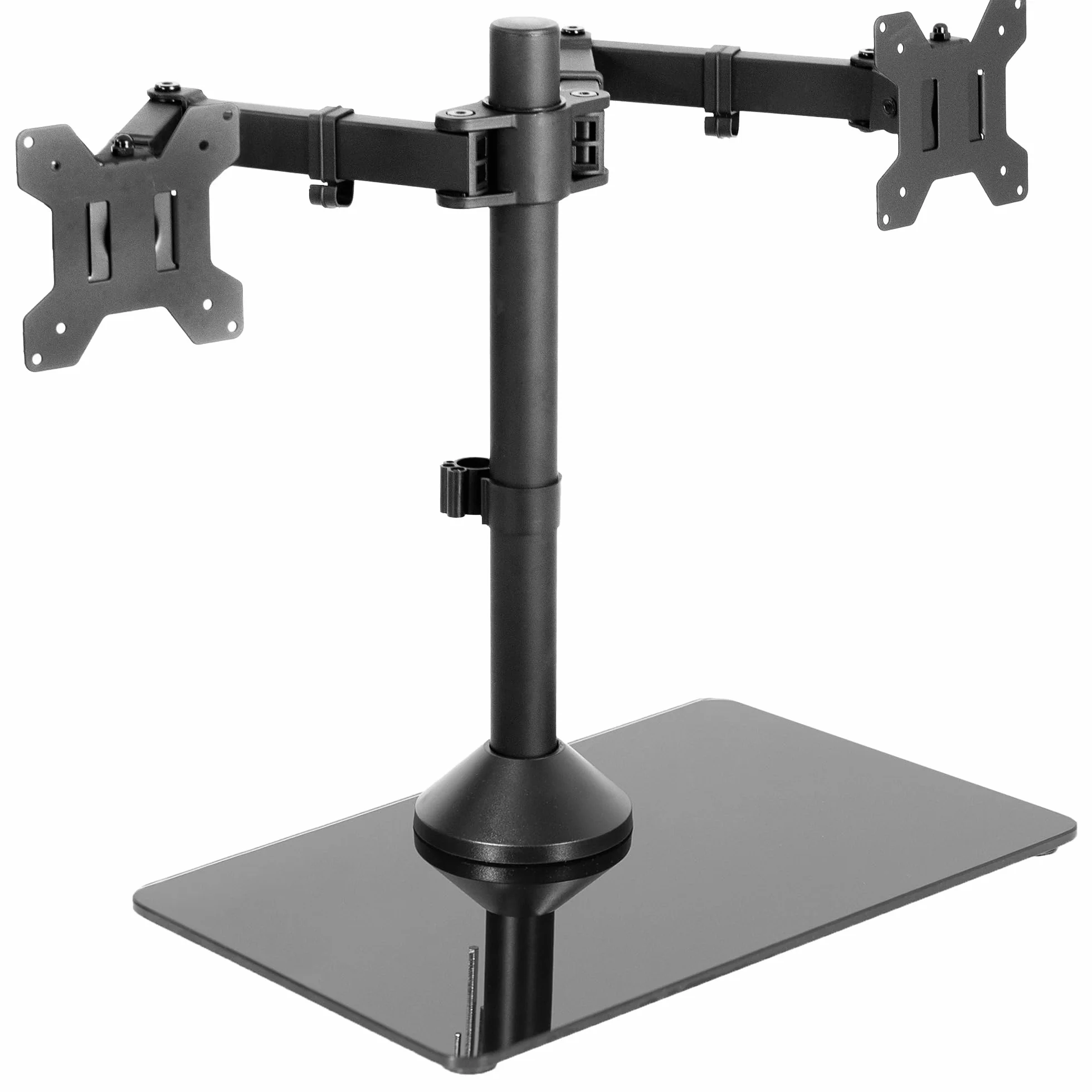 Vivo Soporte de Monitor Dual Independiente con Elegante Base de Vidrio y Brazos Ajustables, Monta 2 Pantallas de hasta 32 Pulgadas y 22 Libras Cada una, Negro, STAND-V002FG