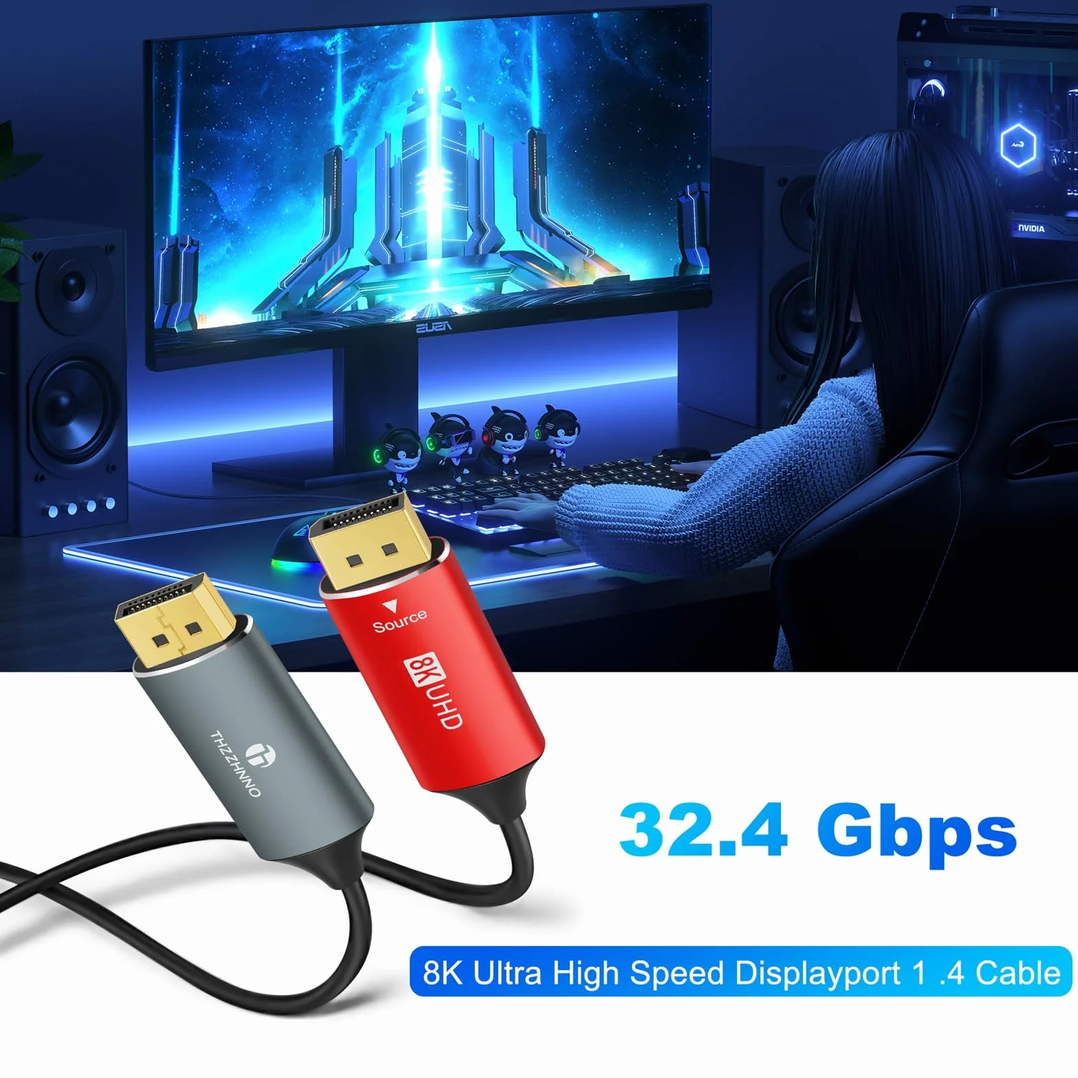Cable de Fibra óptica DisplayPort 4K 8K 50M, DP a DP 1.4 Cable 8K@30Hz 4K@144Hz, 2K@165Hz, 32.4Gbps Compatible con HDR, G-Sync FreeSync para laptop, PC, TV