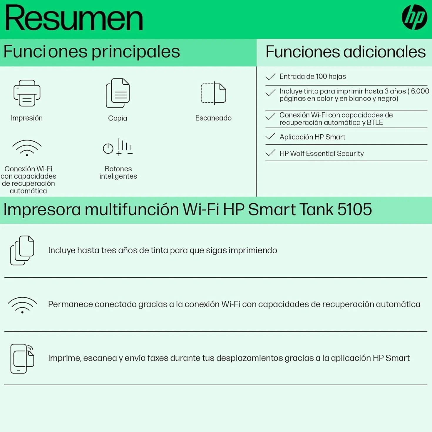 HP Smart Tank 5105 Impresora multifunción 3 en 1 Wi-Fi impresión móvil Tinta incluida gran alcance