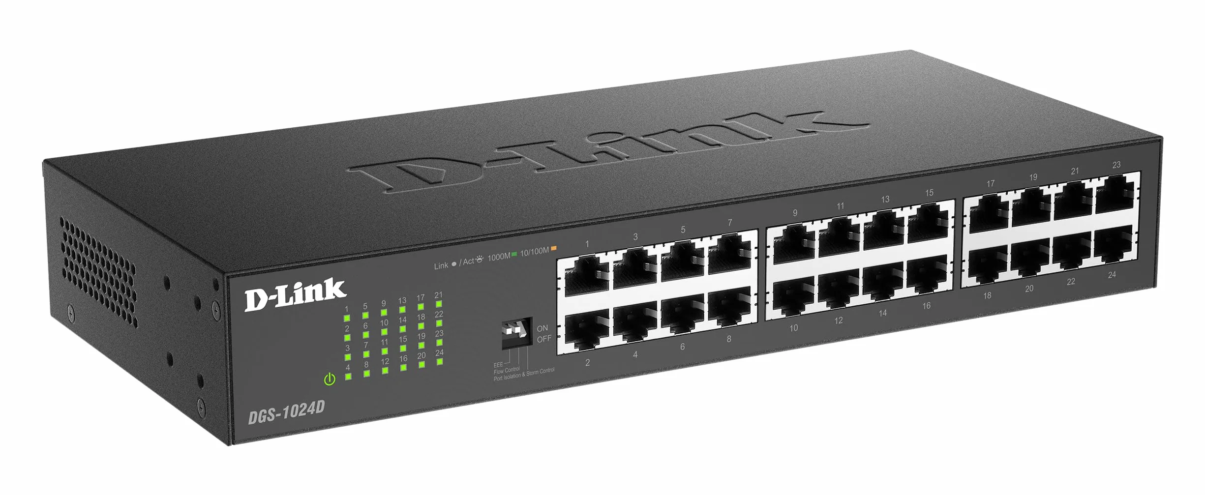 D-Link DGS-1024D - Switch 24 Puertos Gigabit (LAN RJ-45, sin gestión, 1000 Mbps por Puerto, QoS, Carcasa metálica, Montaje en Rack para pymes) Color Negro y Plata