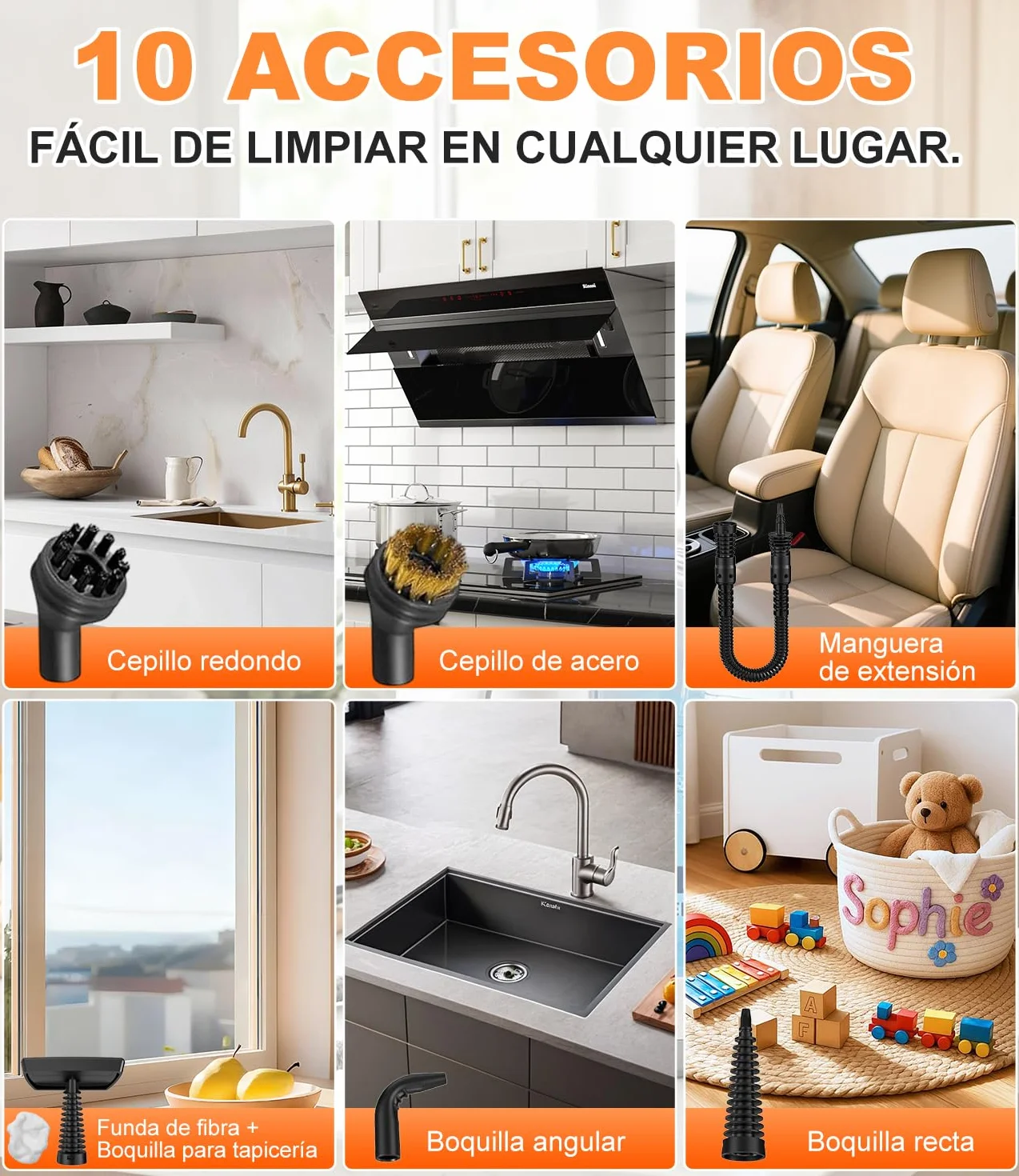 Limpiador de Vapor Portátil 1350W, Vaporeta Hogar con Depósito 550 ml, 10 Accesorios