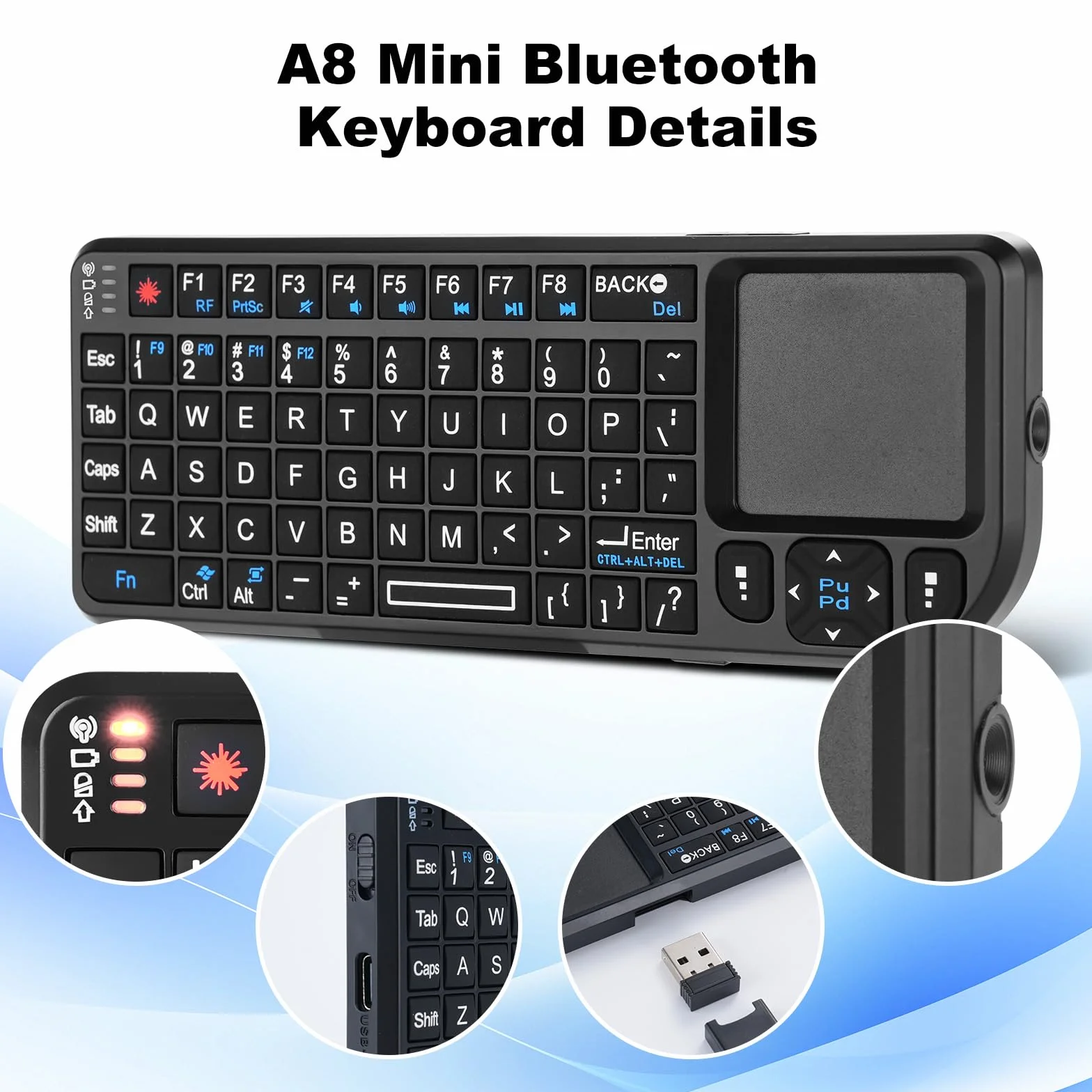 Binghe Mini Teclado Inalámbrico con Panel Táctil, Mini Teclado Bluetooth, A8 2.4G Teclado Inalámbrico con Retroiluminación Blanca para Windows/Linux/Mac/Android/Google/Smart TV OS