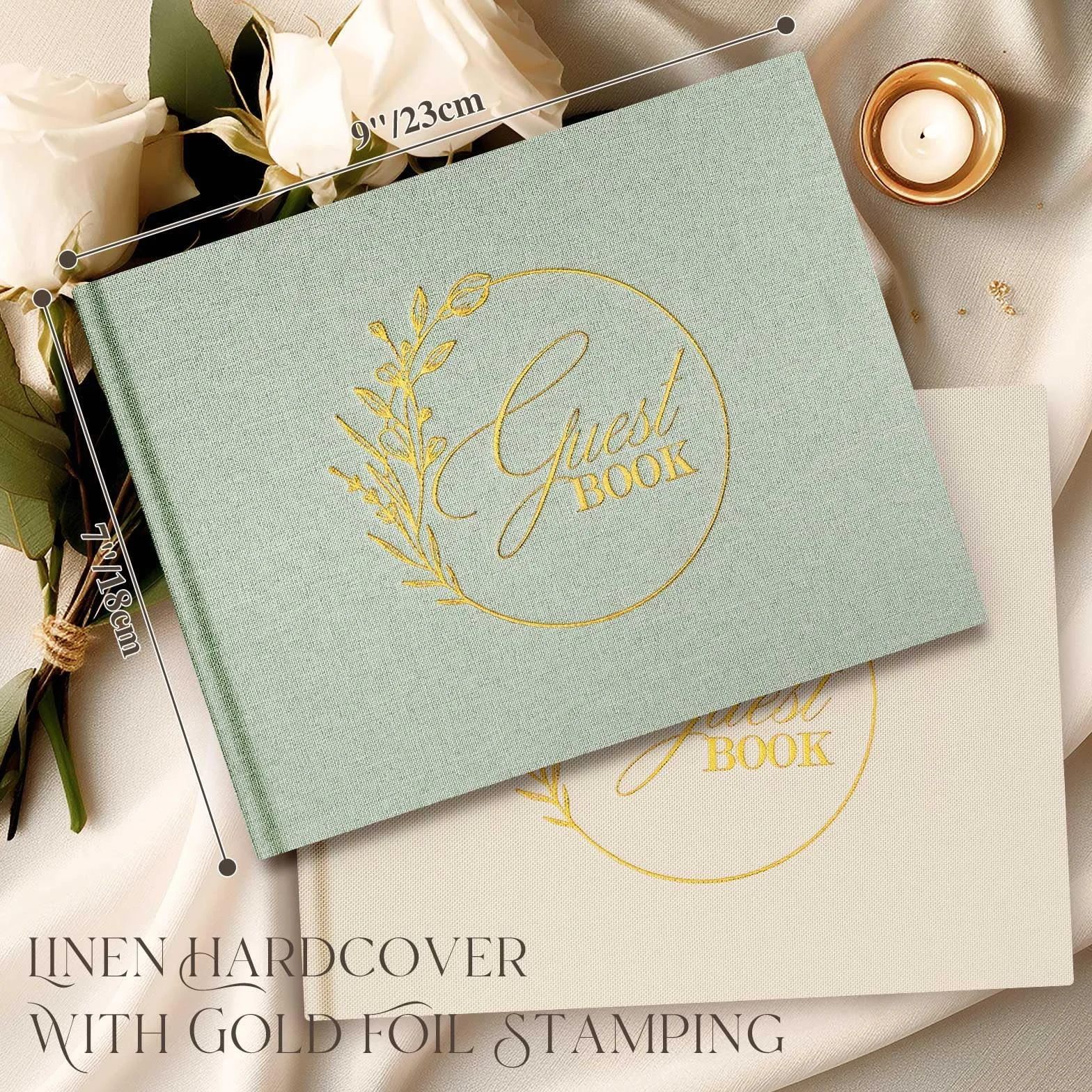 Libro de Visitas de Boda en Blanco de Lino, Libro Firmas para Bodas, Aniversario, Bautizos, Cumpleaños, Álbum de Invitados (108 Páginas, Verde)