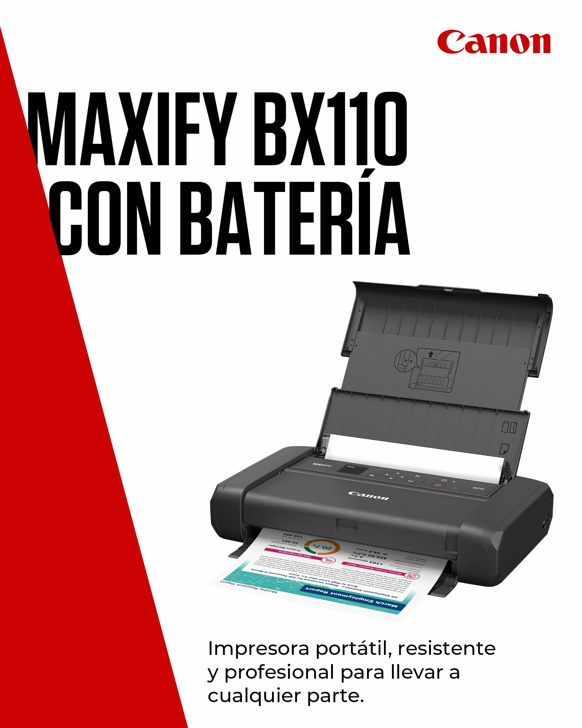 Canon MAXIFY BX110 Impresora Pequeña Inalámbrica - Batería Recargable - Imprime hasta A4 Desde Ordenador, Smartphone | Ideal para Teletrabajo y Viajes