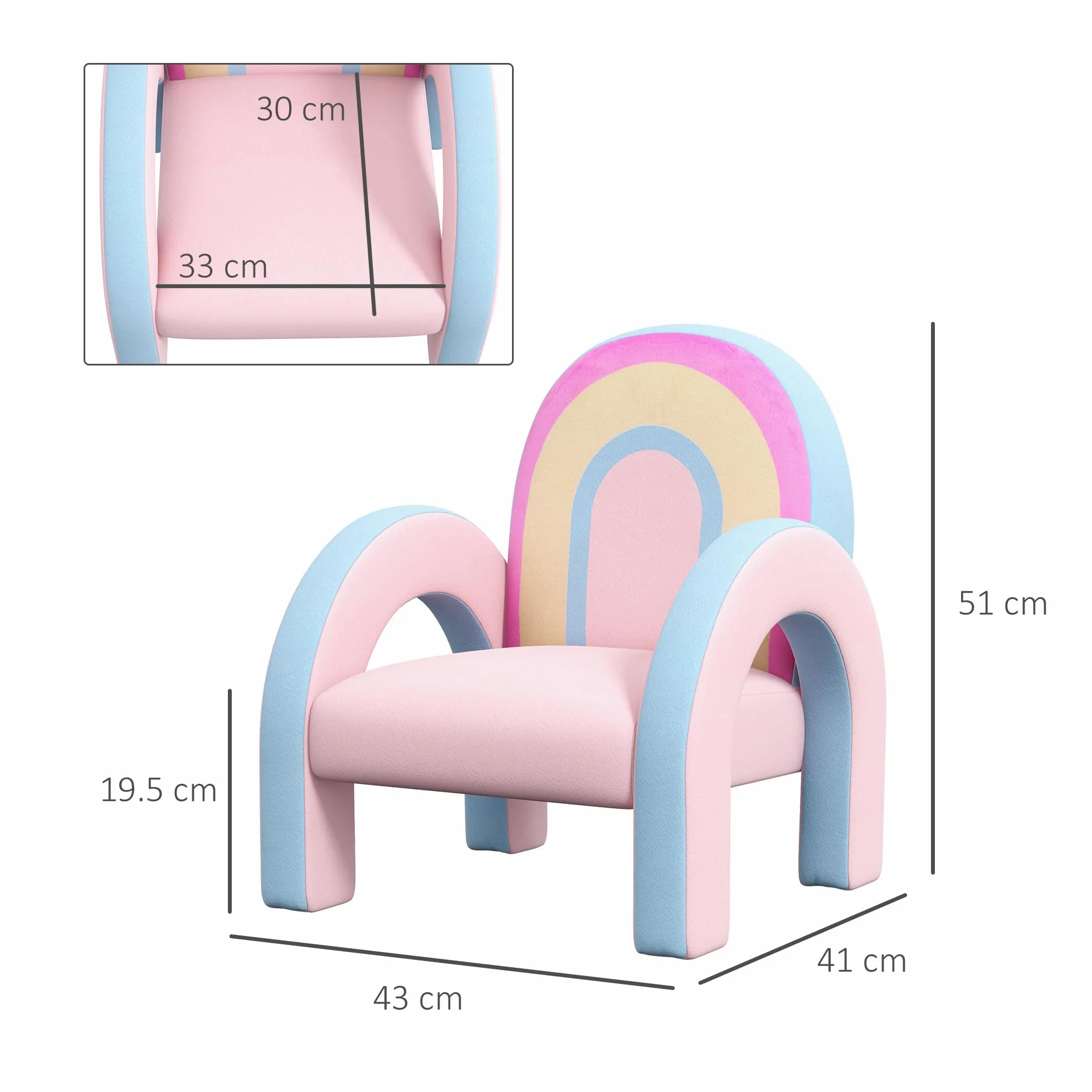 ZONEKIZ Sillón Infantil Arco Iris Mini Sofá para Niños 1,5-3 Años 45 kg 43x41x51 cm Rosa