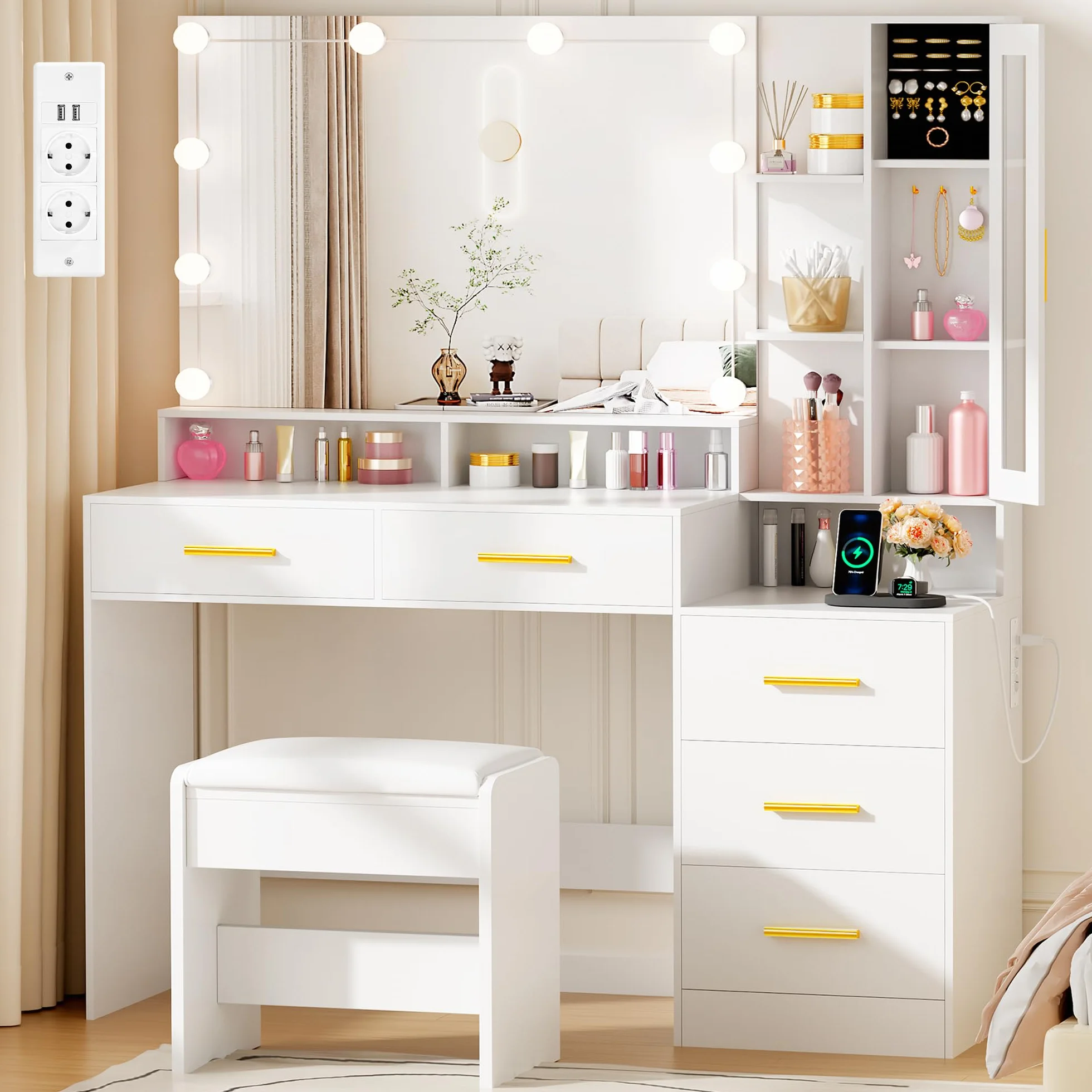 ANWBROAD Tocador de Maquillaje 115cm con Espejo Iluminado Moderno Blanco 3 Colores Brillo Regulable 5 Cajones Puerta de Cristal Dormitorio BDT68W