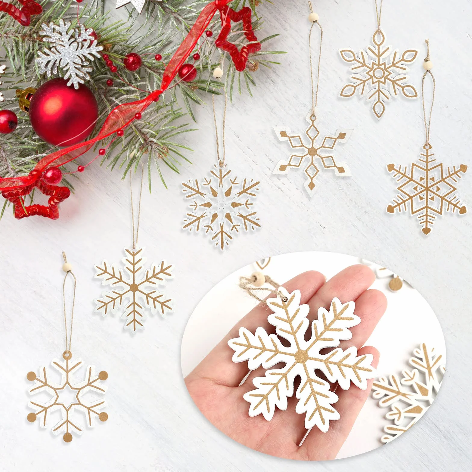 LEMESO 24 Colgantes de Madera Navidad Copo de Nieve Blanco Oro Decoraciones para Árboles