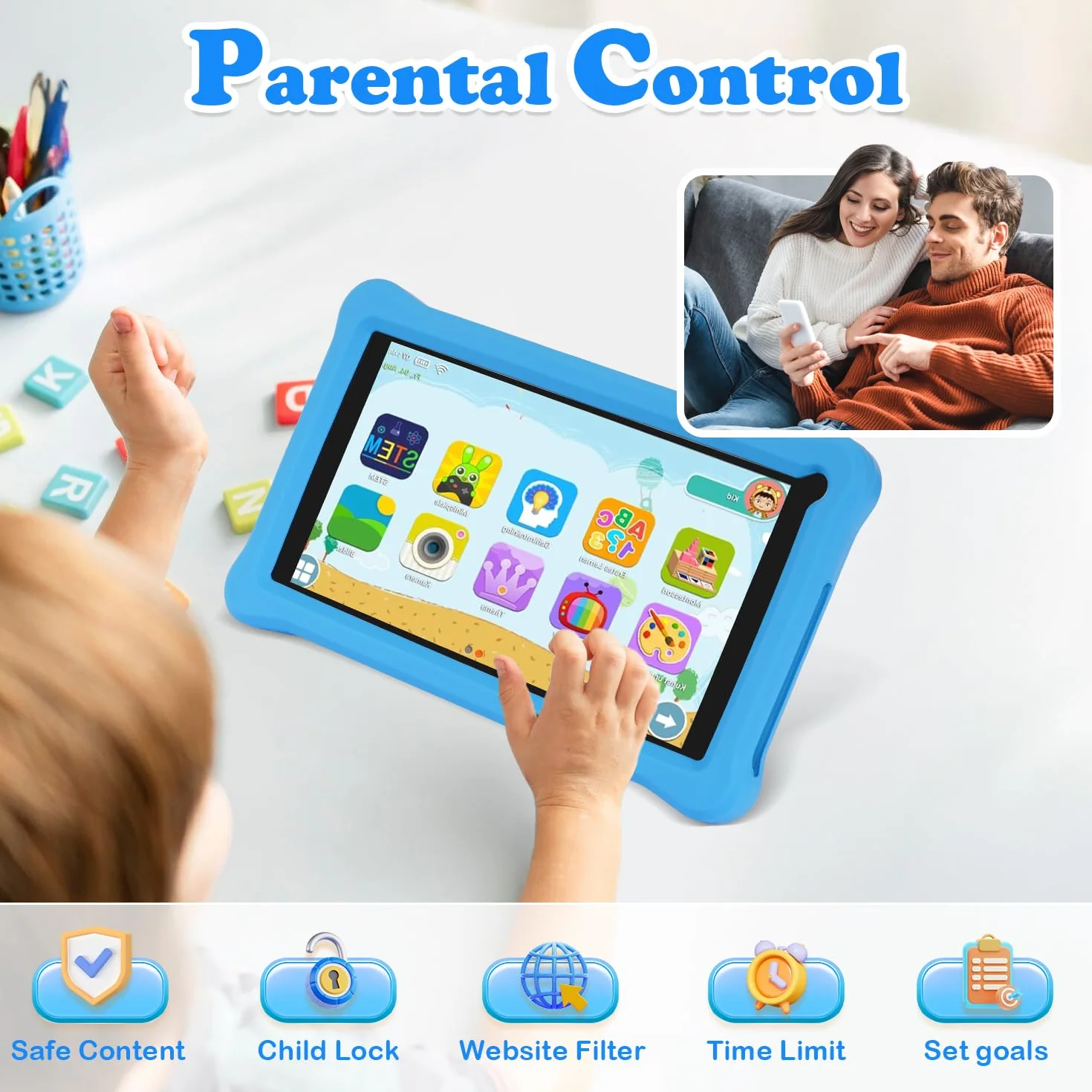 Tablet para Niños 7 Pulgadas, Tablet Android 13 con 8GB RAM 64GB ROM (mpliable 256 GB), Control Parental, Pantalla IPS HD, GMS Certified, WiFi, Tableta Niños Educativo con Funda de EVA (Azul)