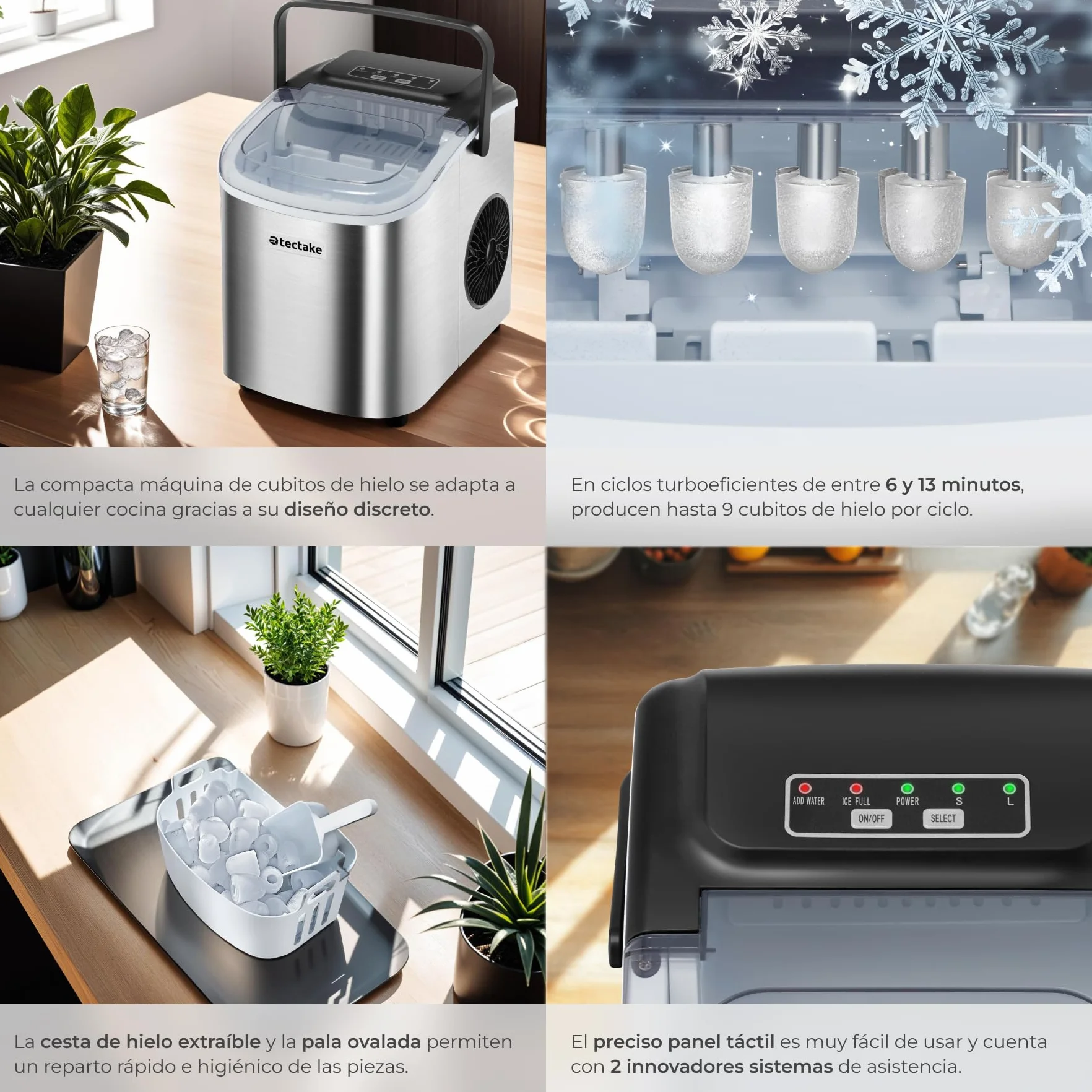 Tectake Máquina de Hielo Portátil 1,2 L Acero Inoxidable plateado