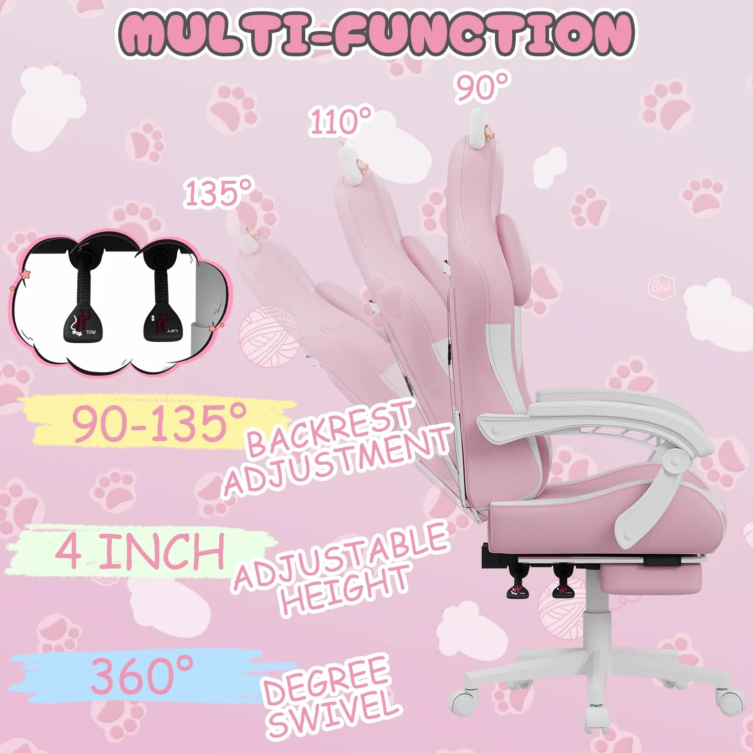 bigzzia Silla Gaming Ergonómica con Orejas de Gato Ajustable Altura Reposacabezas Soporte Lumbar Masaje Blanco Rosado