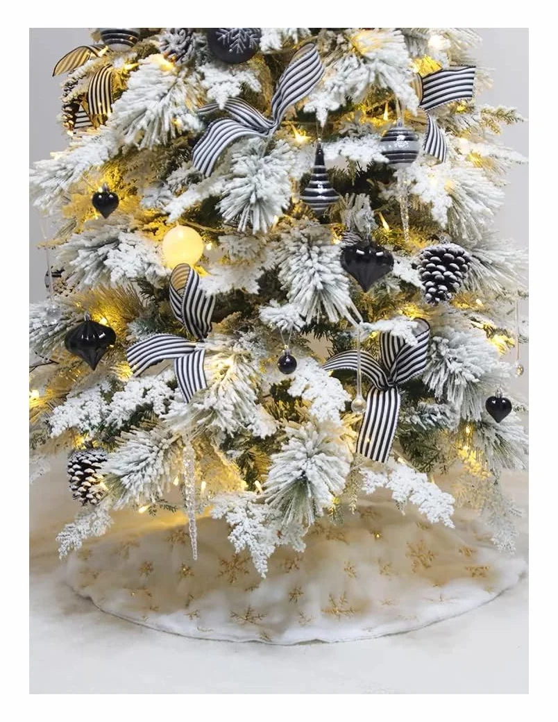 Falda para Árbol de Navidad de Felpa Blanca Suave 90 cm Copos de Nieve Dorados Extra Gruesa