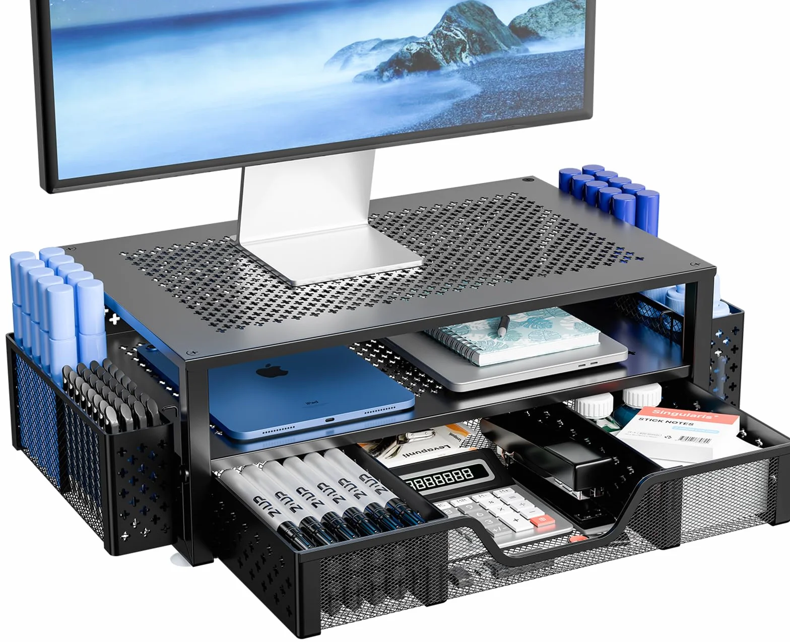 Simple Trending Soporte de monitor de metal de 2 niveles y organizador de escritorio para computadora con cajón y soporte para bolígrafos para laptop, computadora, iMac, color negro