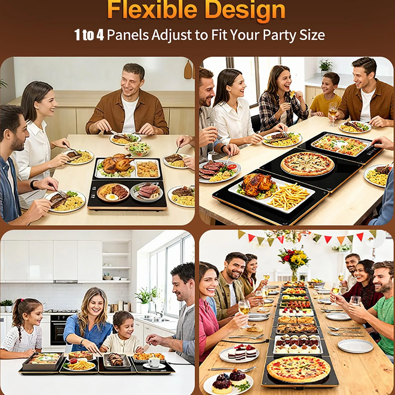 Bandeja de Calentamiento Eléctrica 8 Niveles Temperatura Temporizador 88 cm Expandible 4 en 1 para Fiestas Catering