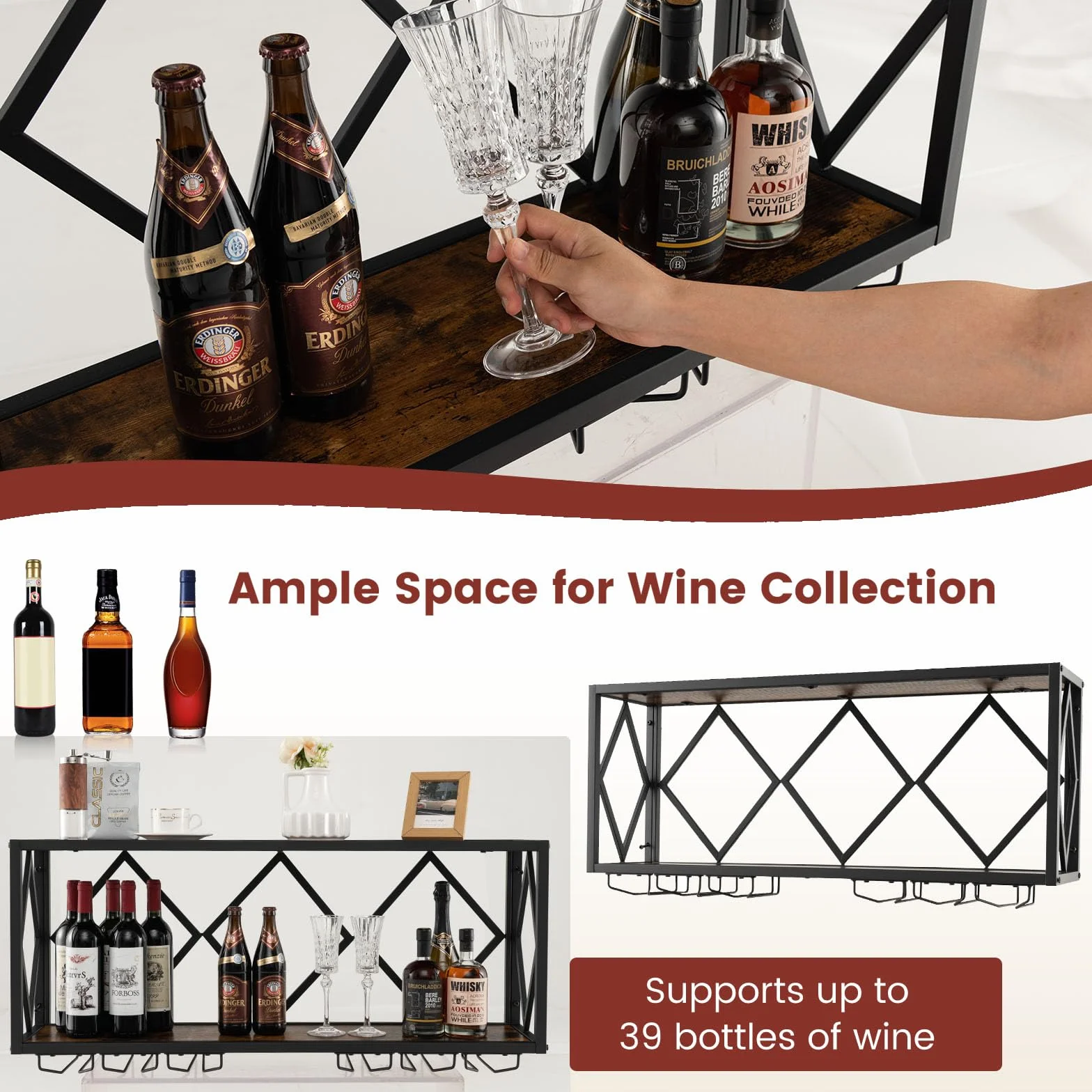 KOMFOTTEU Botellero de Pared Estante de Vino Decorativo con Portavasos para Copas 20 kg Carga por Capa 100 x 25 x 45 cm