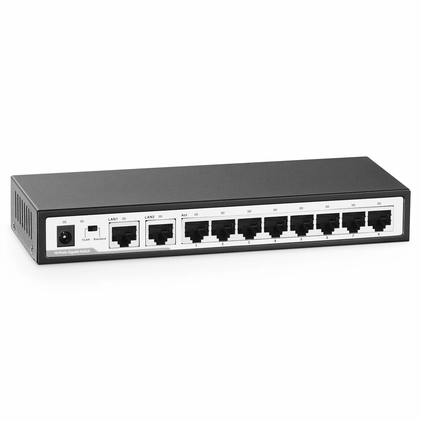 YuLinca 10 Port Gigabit Ethernet Switch, 8 x 100/1000Mbps Ports, 2 Gigabit Uplink, Support Vlan, Metal Fanless Unmanaged Plug and Play