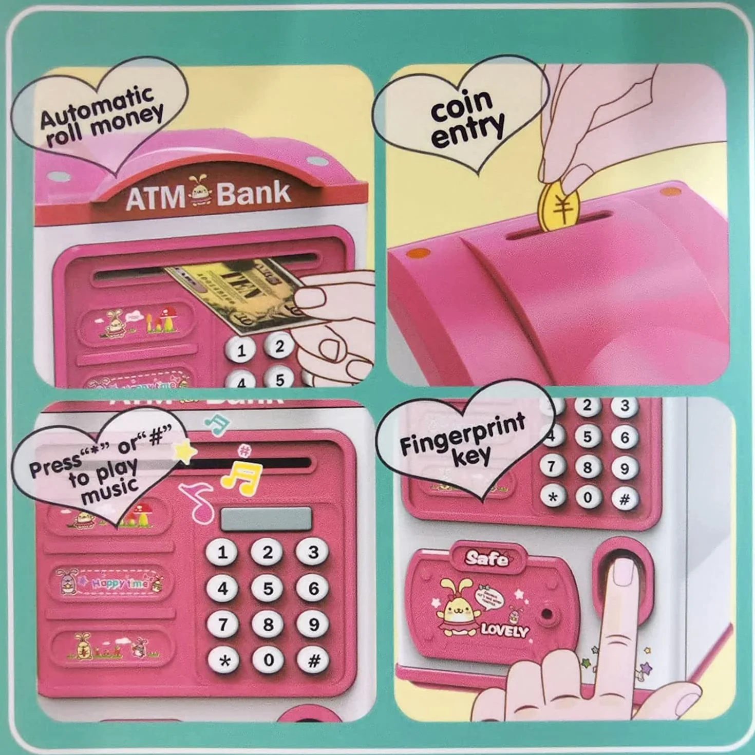 Alcancía Electrónica Infantil con Huellas Dactilares y Bloqueo de Contraseña, Mini Caja Fuerte para Niños, Juguete de Regalo (Rosa)