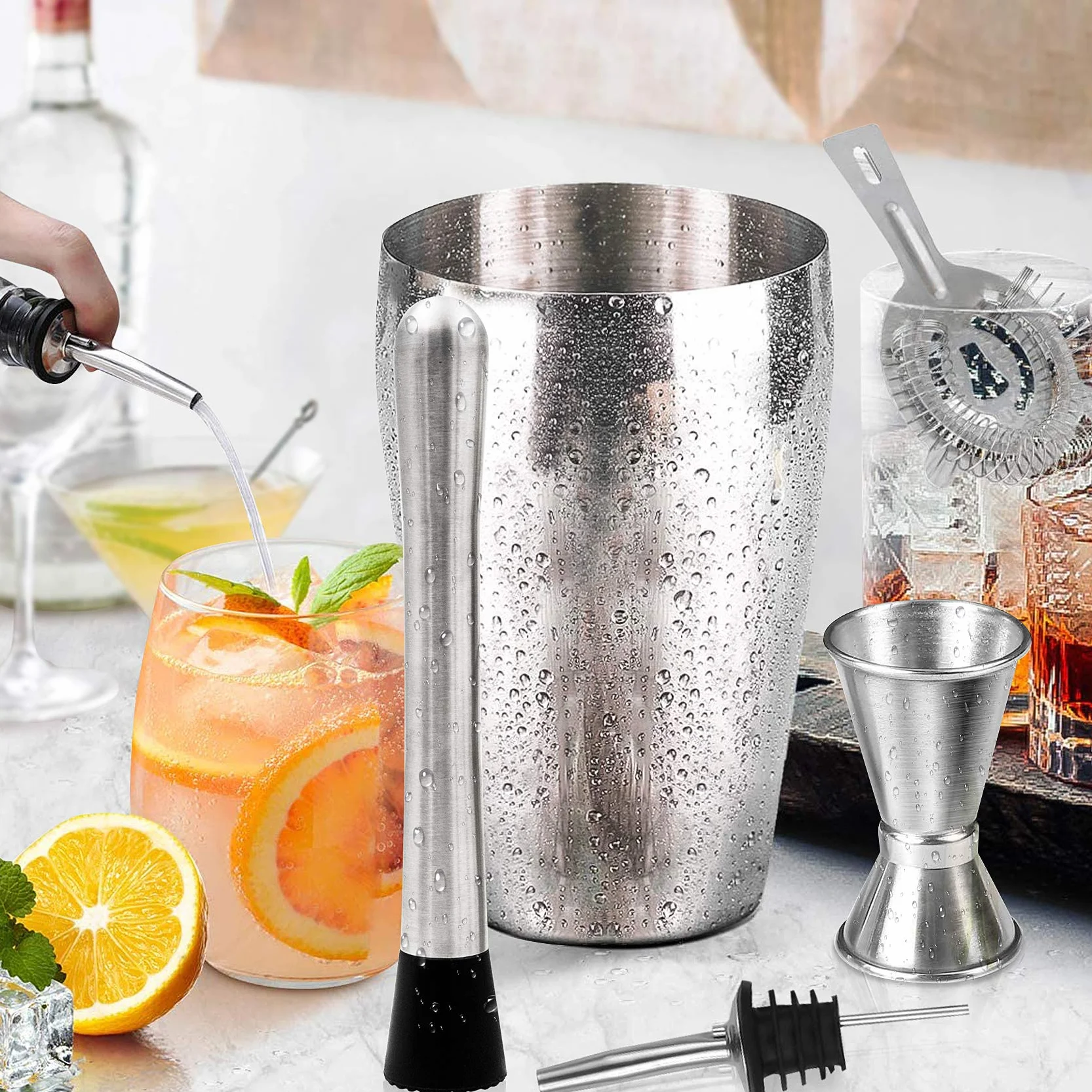 Juego de coctelera de Acero Inoxidable 750 ml 7 Piezas Barman con Doble Jigger
