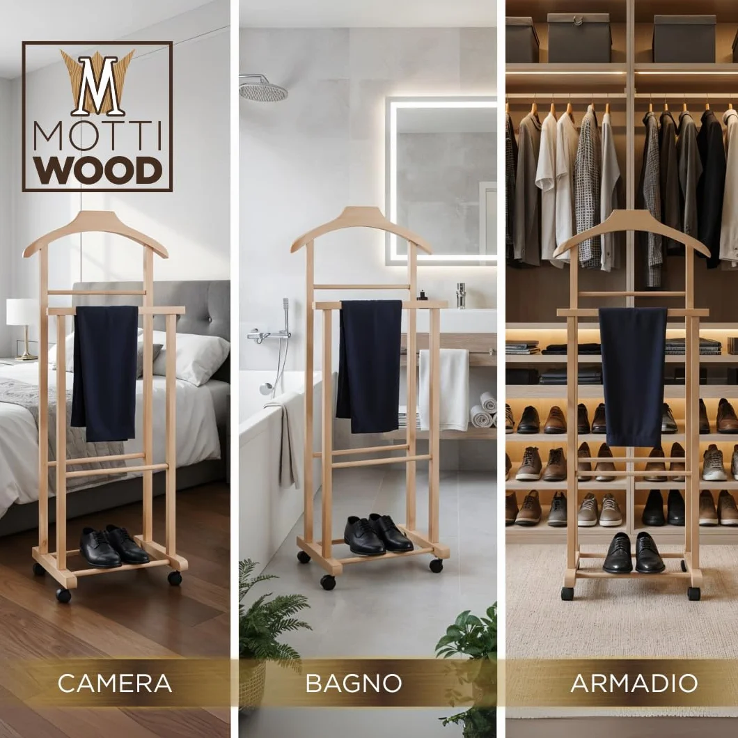 Galán de noche perchero dormitorio madera haya natural Servo Mudo doble 4 ruedas fabricado Italia